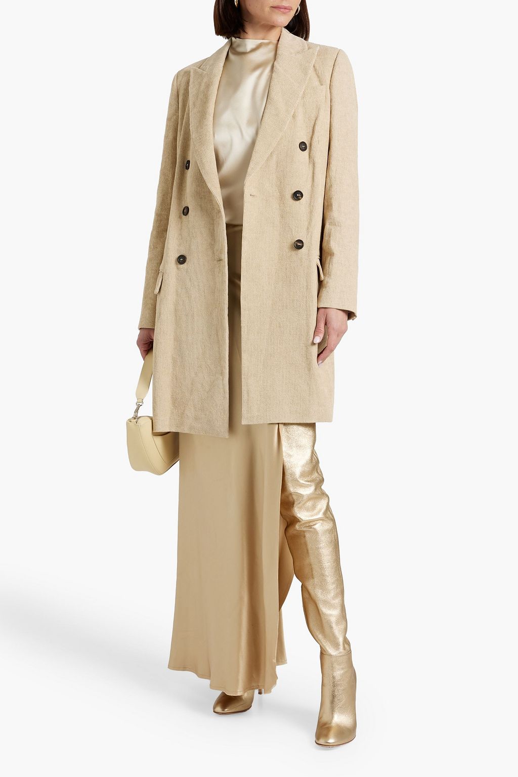 BRUNELLO CUCINELLI معطف مصنوع من كتّان مخمل مضلّع ومزود بصفين من الأزرار