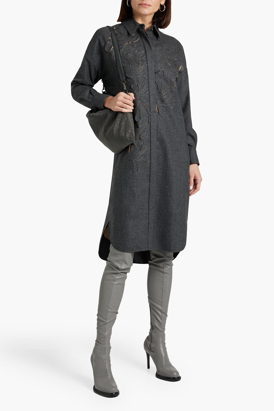 Shop Brunello Cucinelli Laser-cut Wool-blend Felt Shirt Dress In Dark Gray