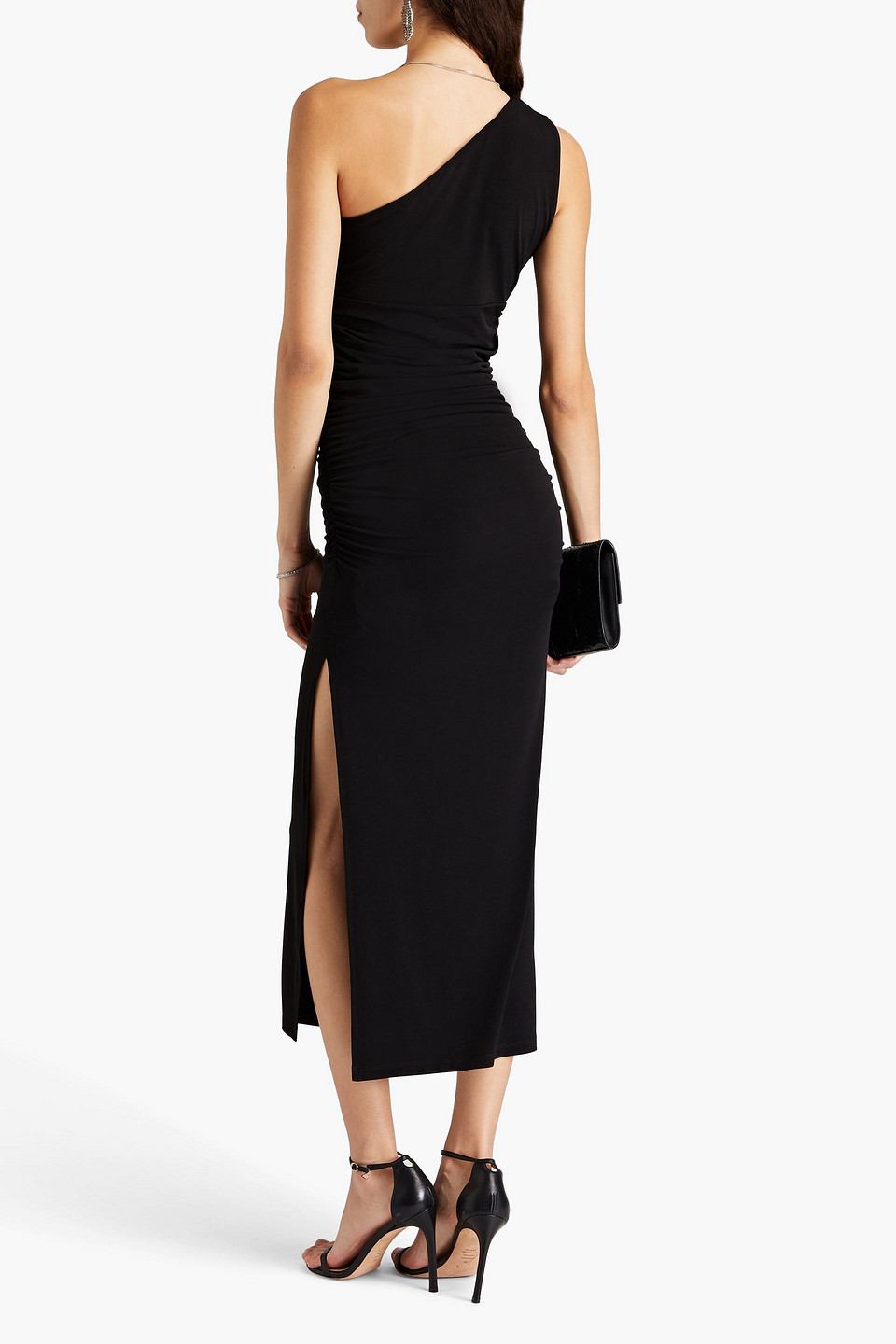 Shop Herve Leger One-shoulder Ruched Stretch-jersey Midi Dress In Black