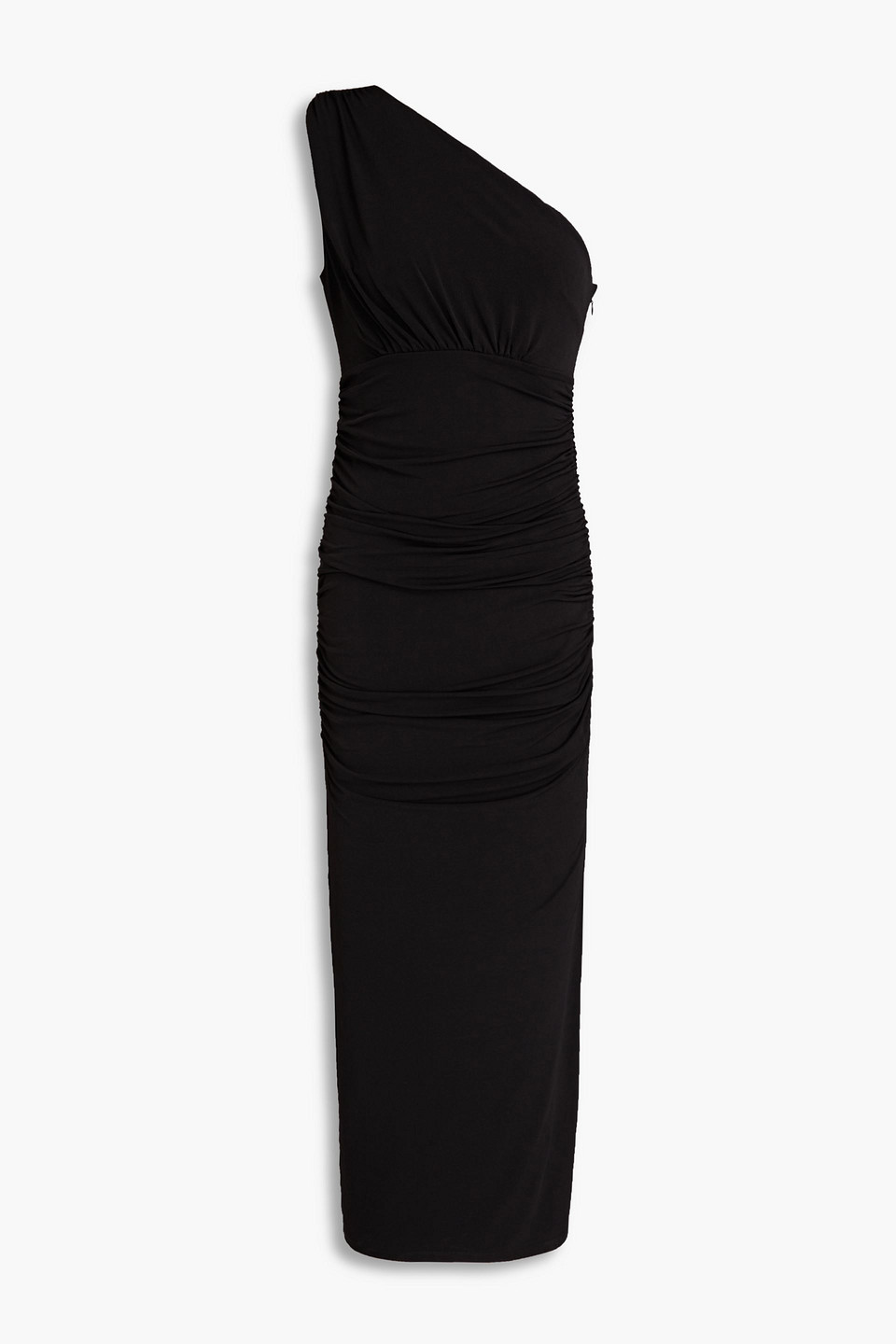 Herve Leger One-shoulder Ruched Stretch-jersey Midi Dress In Black