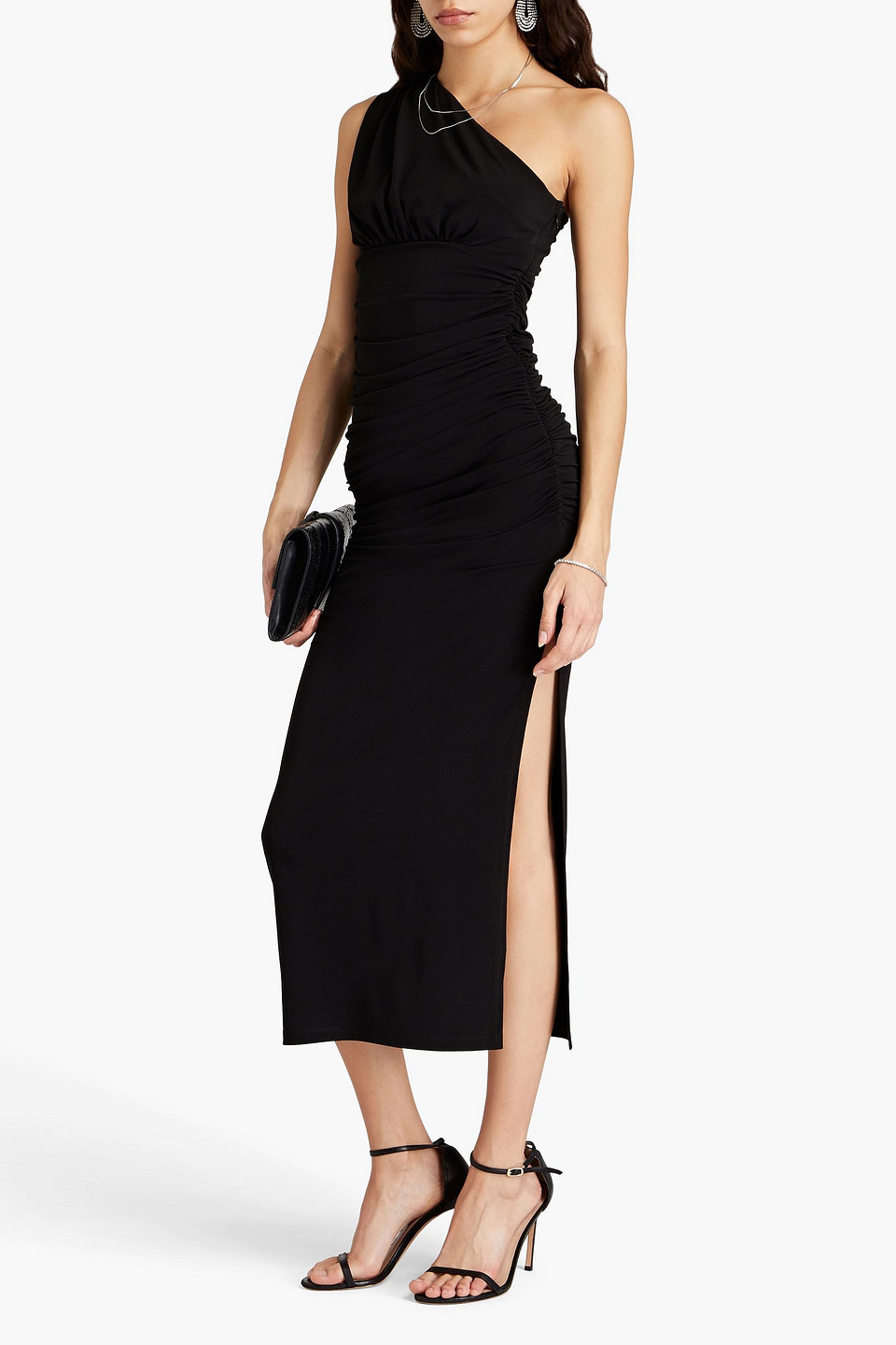 Shop Herve Leger One-shoulder Ruched Stretch-jersey Midi Dress In Black