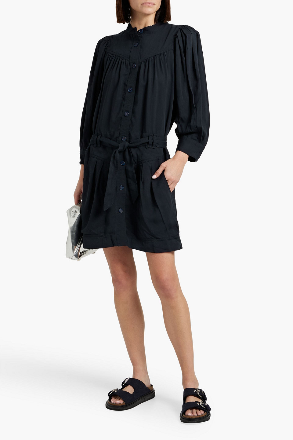 Shop Isabel Marant Étoile Samira Belted Lyocell-blend Twill Mini Dress In Midnight Blue