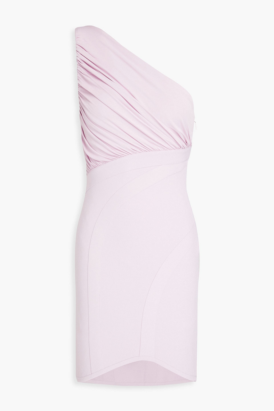 Herve Leger Gerafftes Minikleid Aus Jersey Und Stretch-strick Mit Asymmetrischer Schulterpartie In Lilac