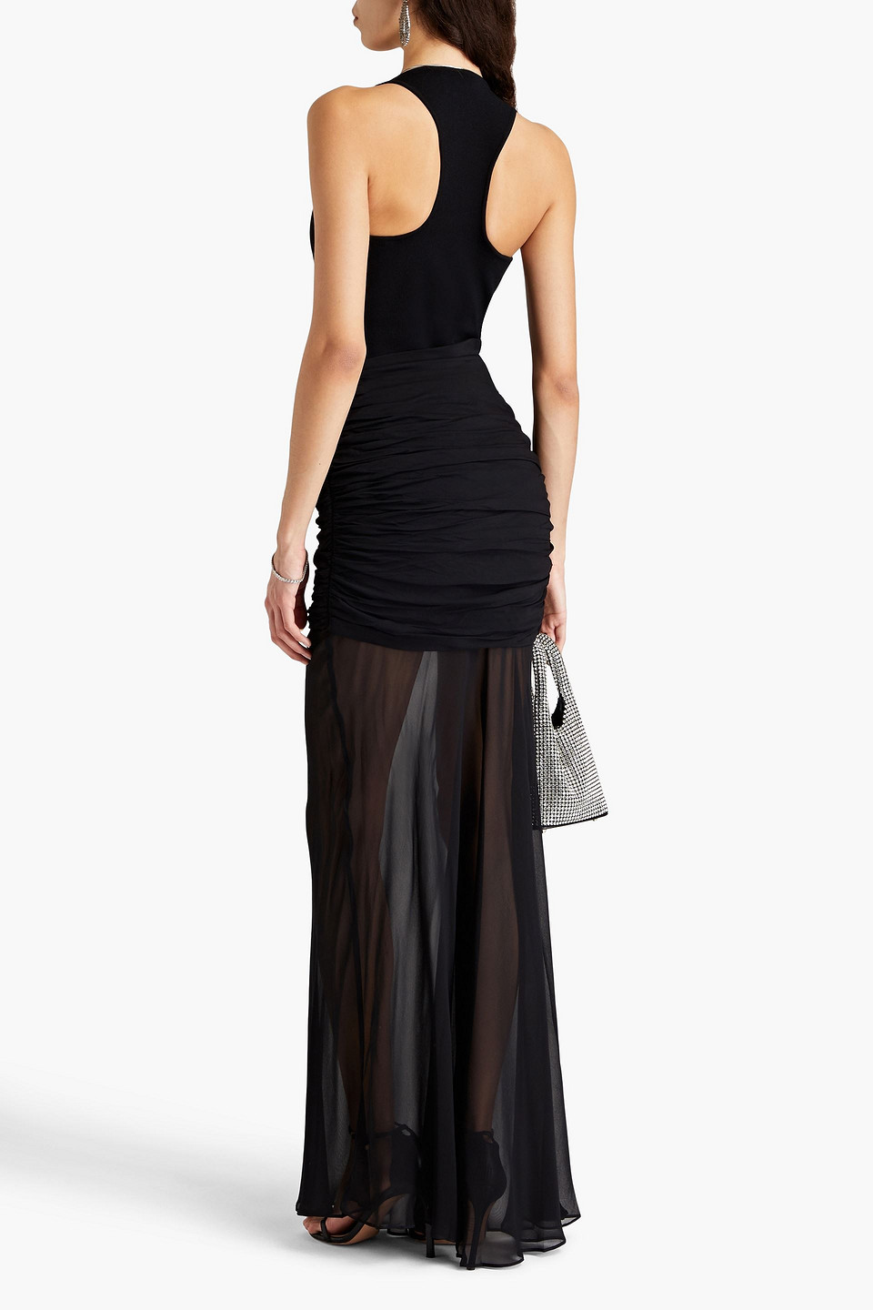 Shop Herve Leger Ruched Chiffon-paneled Stretch-knit Gown In Black