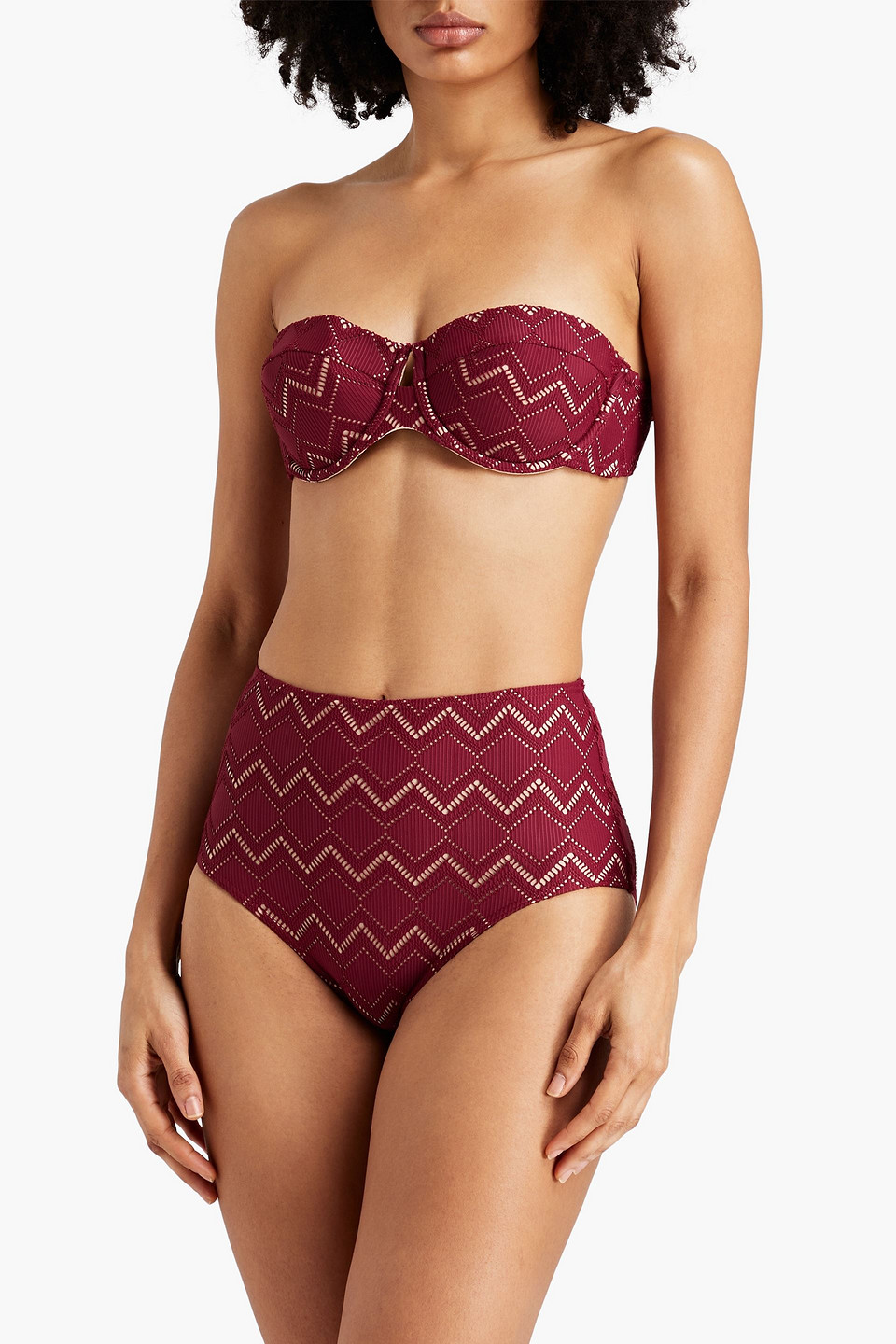 Shop Zimmermann Pointelle-knit Bandeau Bikini Top In Burgundy