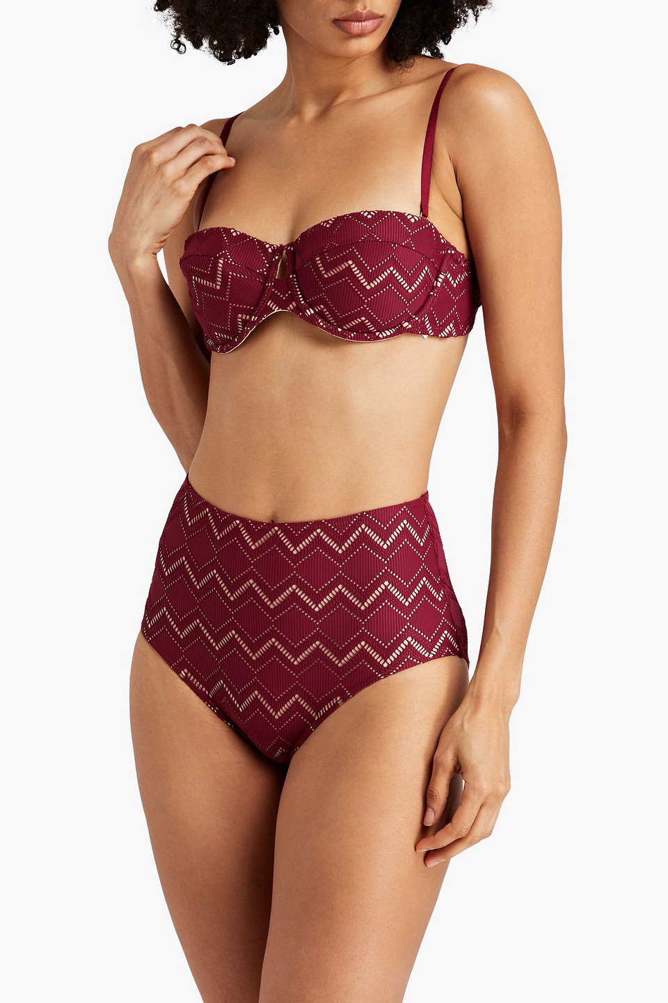 Shop Zimmermann Pointelle-knit Bandeau Bikini Top In Burgundy