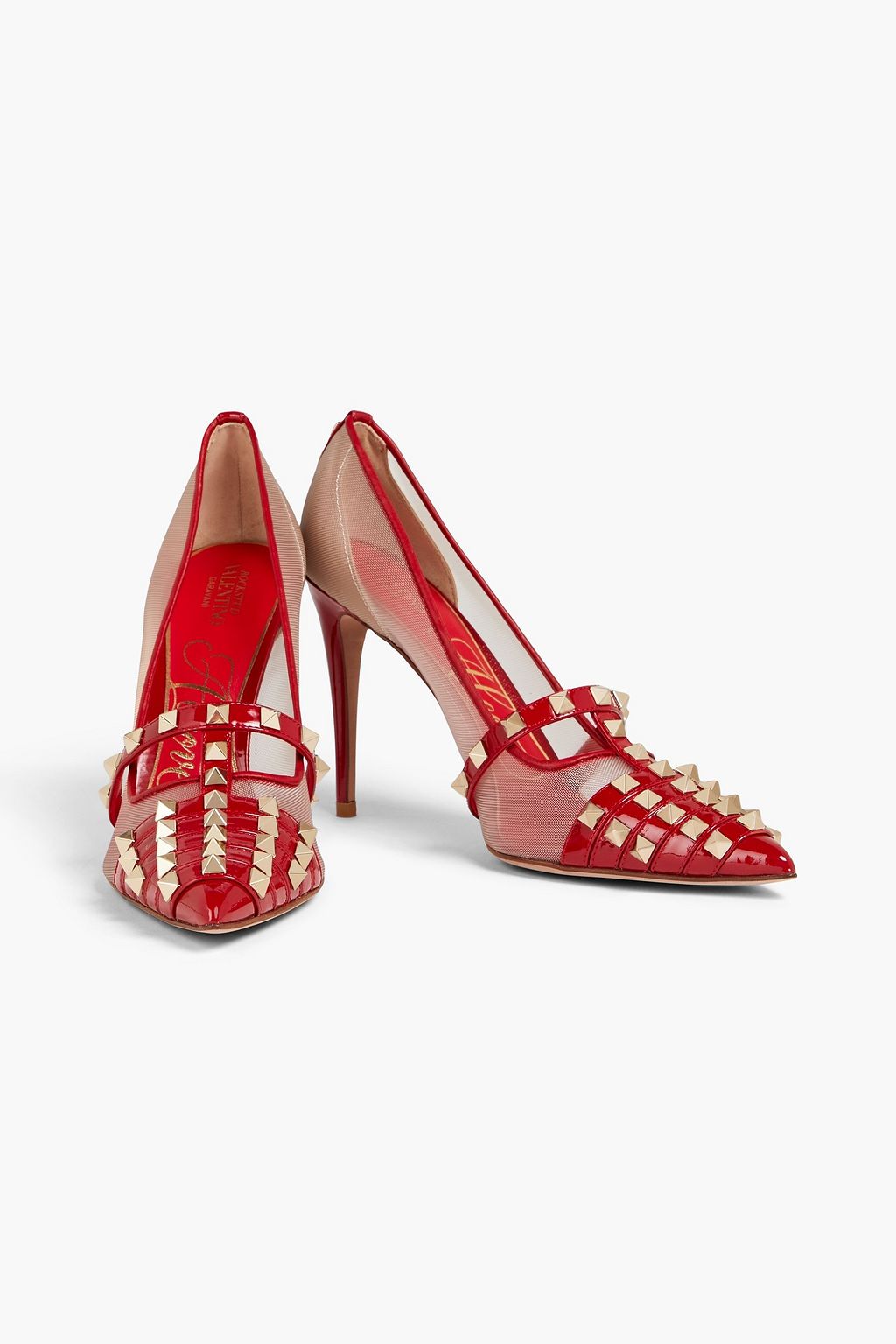 VALENTINO GARAVANI Rockstud Alcove mesh and patent-leather pumps