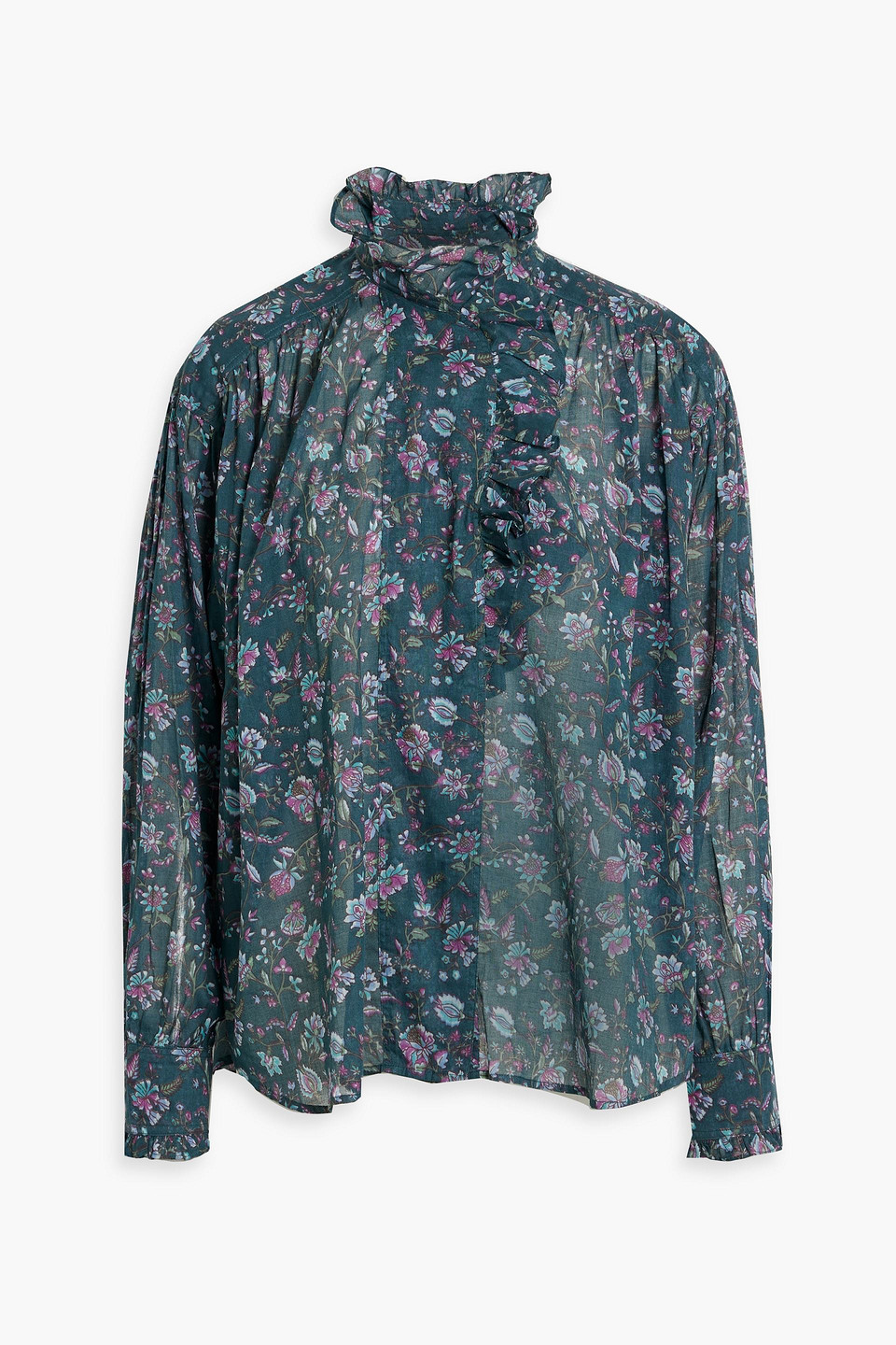 Shop Isabel Marant Étoile Pamias Ruffled Floral-print Cotton-voile Blouse In Dark Green