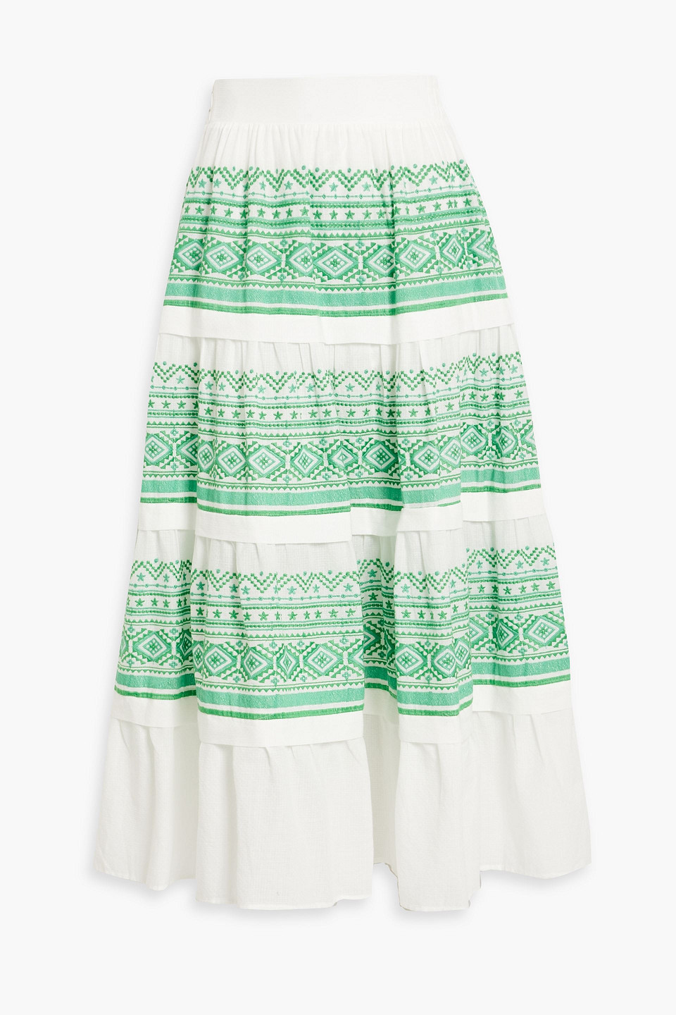 Maje Tiered Embroidered Cotton-jacquard Midi Skirt In Jade