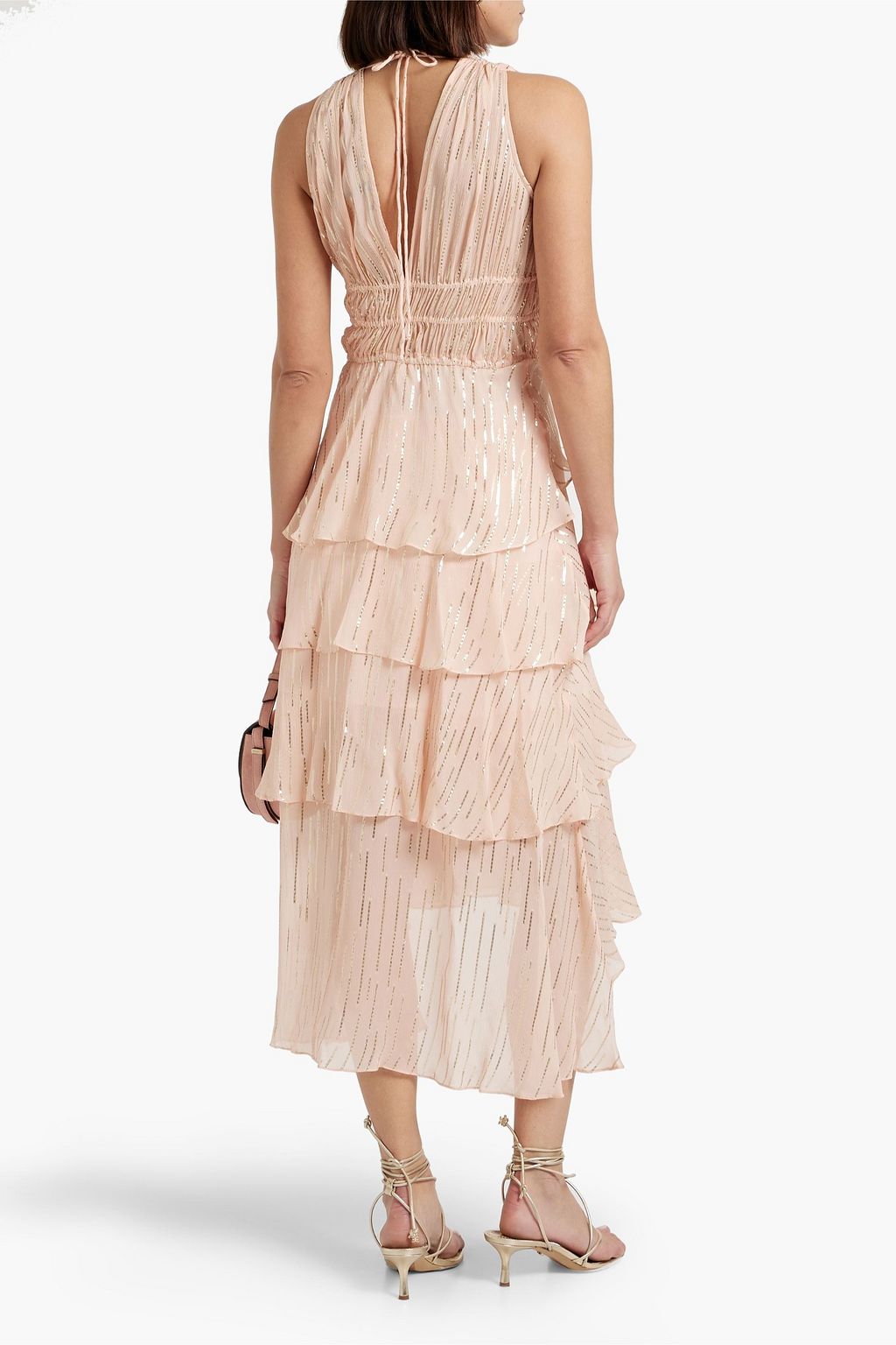 MAJE Ruffled metallic silk-blend crepon midi dress