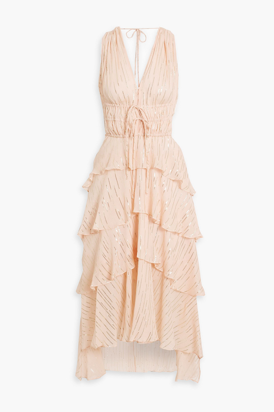 Maje Ruffled Metallic Silk-blend Crepon Midi Dress In Blush