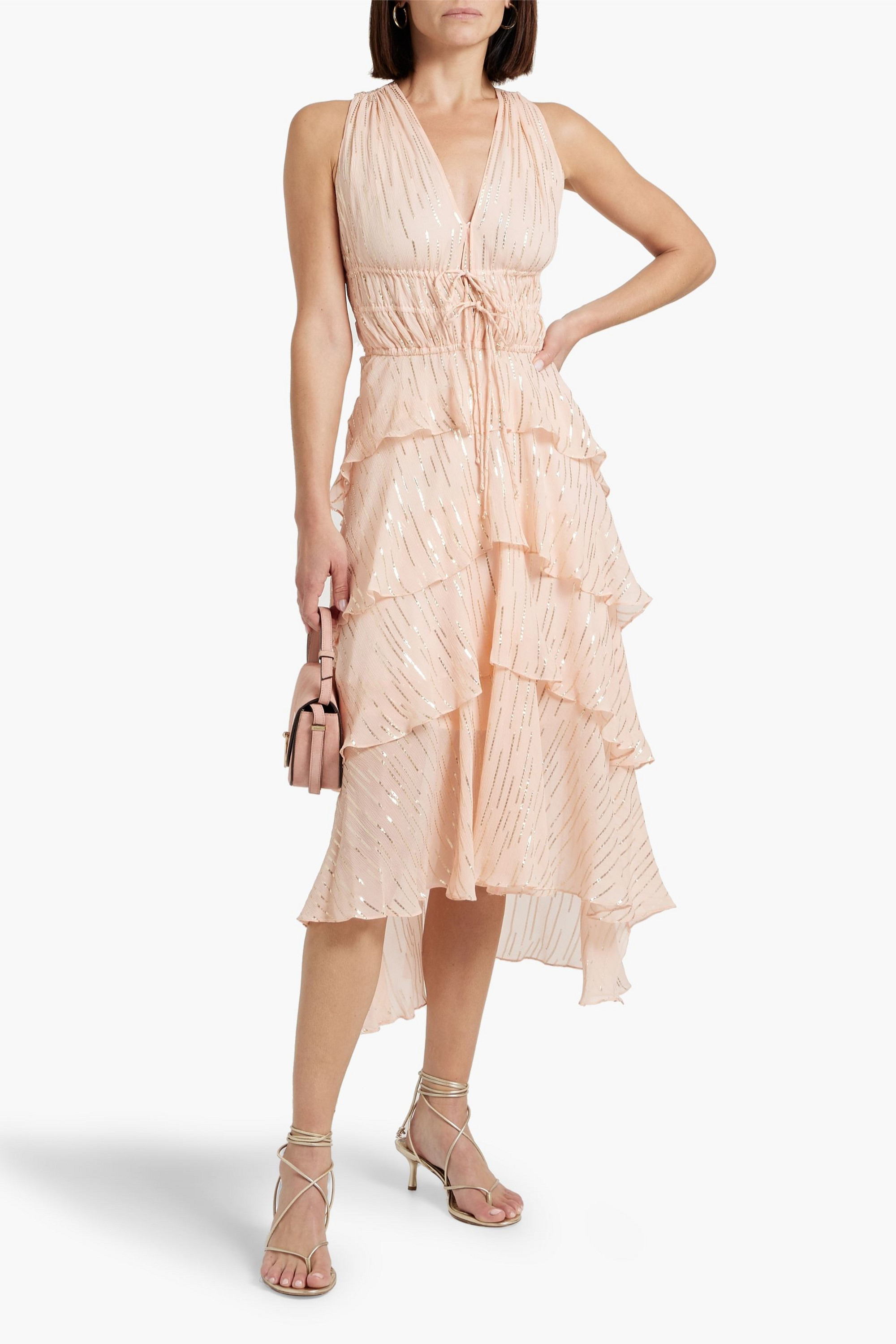 MAJE Ruffled metallic silk-blend crepon midi dress