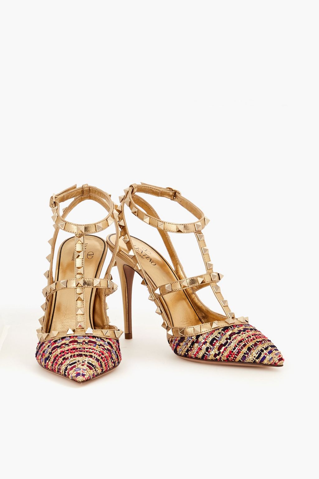 VALENTINO GARAVANI Rockstud metallic tweed and leather pumps