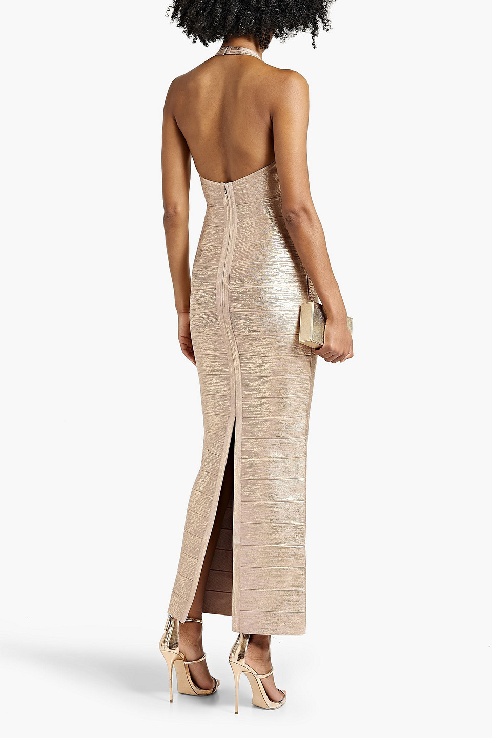 Shop Herve Leger Metallic Bandage Halterneck Gown In Rose Gold