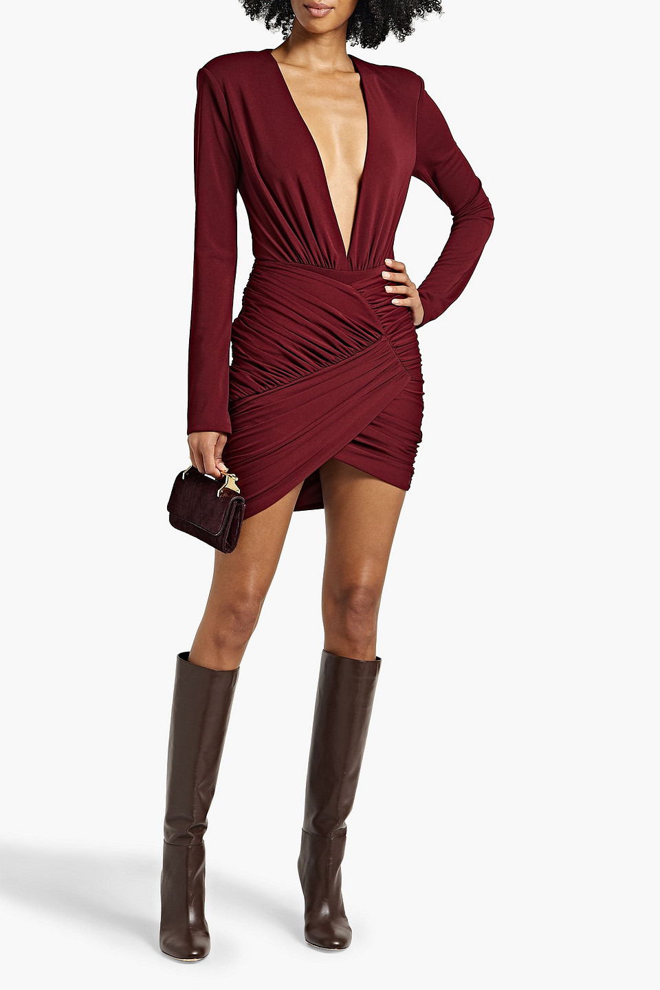 Shop Nicholas Atalie Ruched Stretch-jersey Mini Skirt In Claret