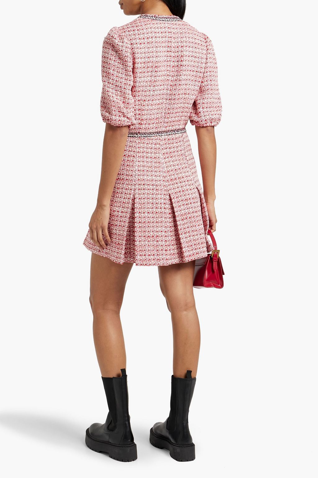 MAJE Pleated metallic cotton-blend tweed mini dress