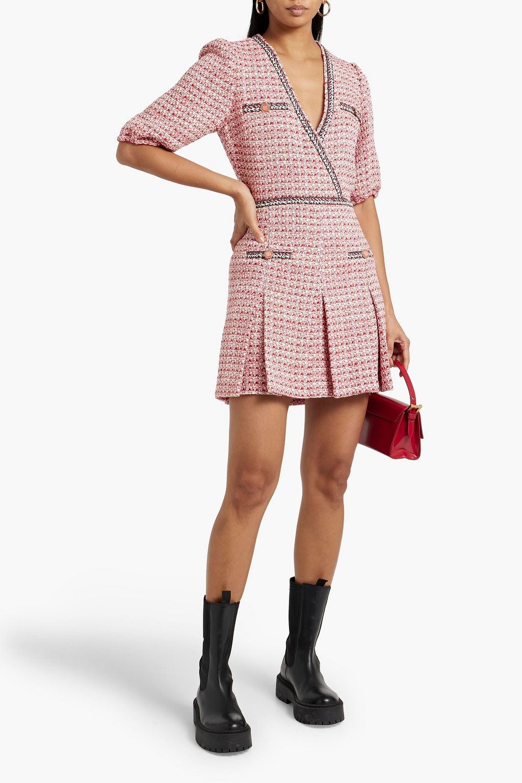 MAJE Pleated metallic cotton-blend tweed mini dress