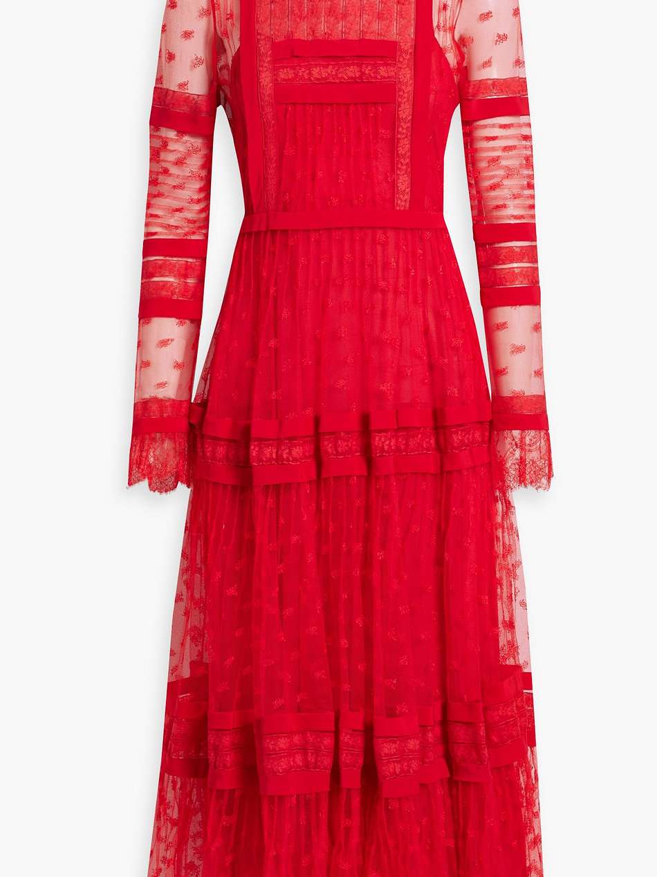 pintucked corded and crocheted lace midi dress
