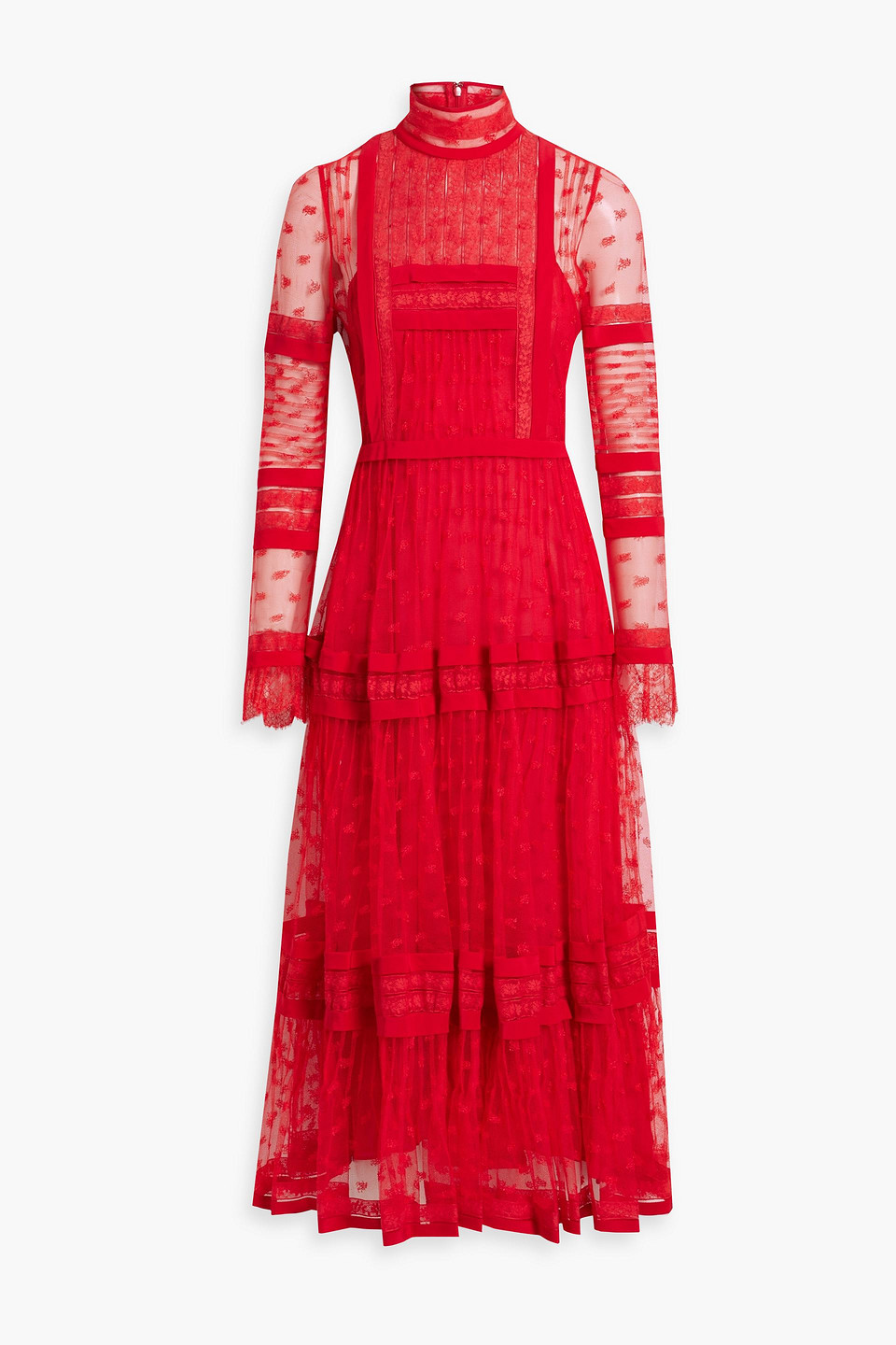 Pintucked corded and crocheted lace midi dress