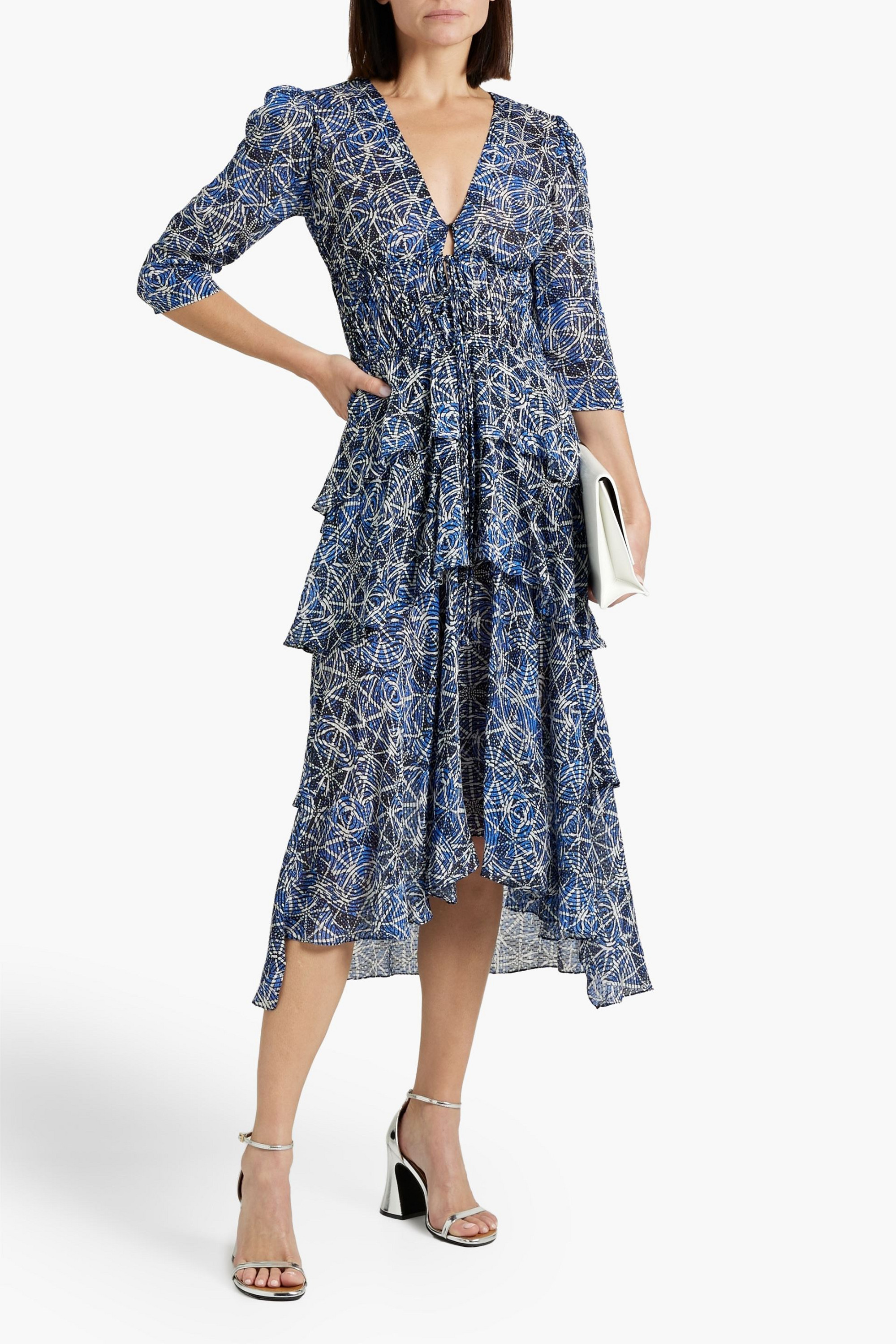 MAJE Ruffled printed fil coupé chiffon midi dress