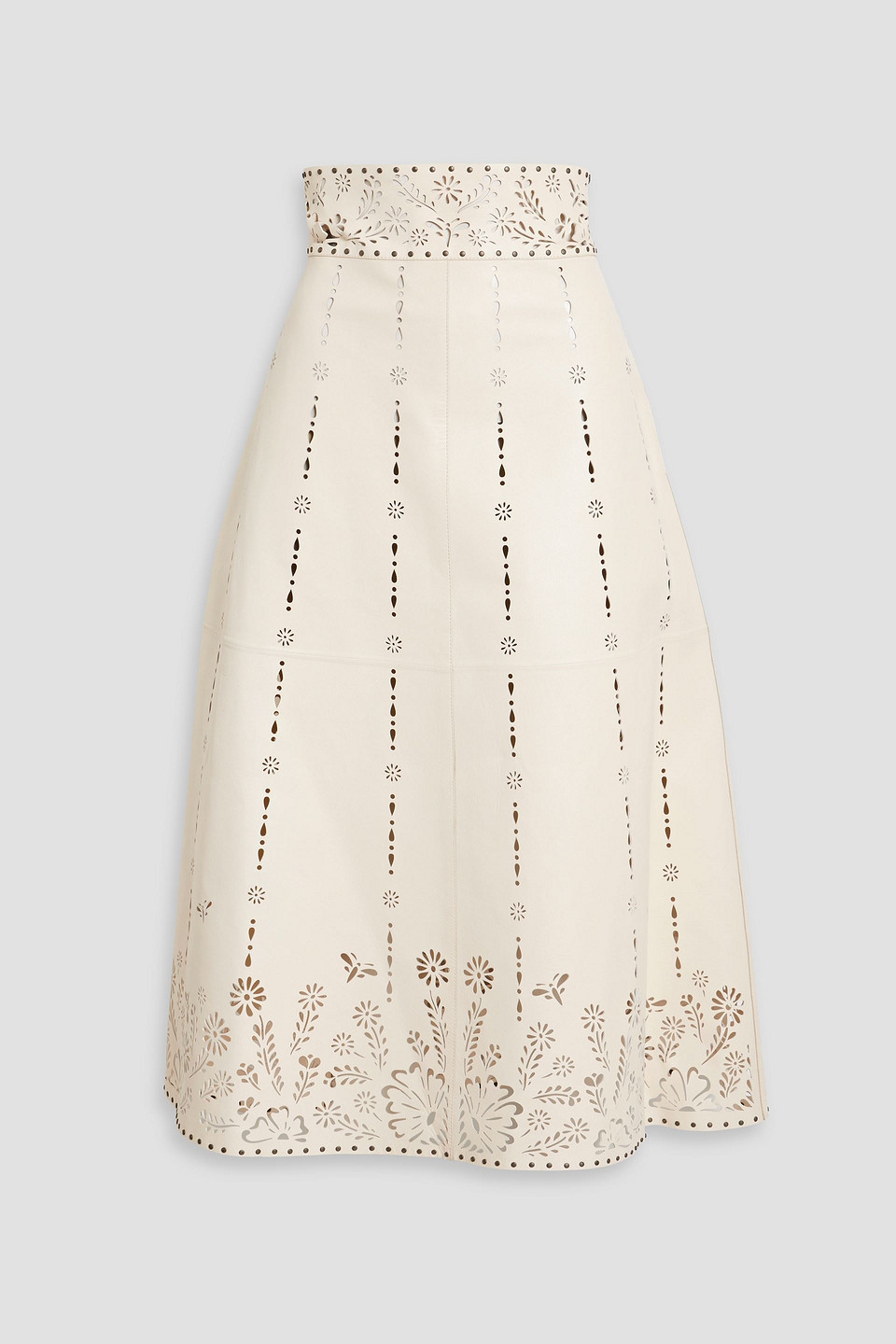 Studded laser-cut leather midi skirt