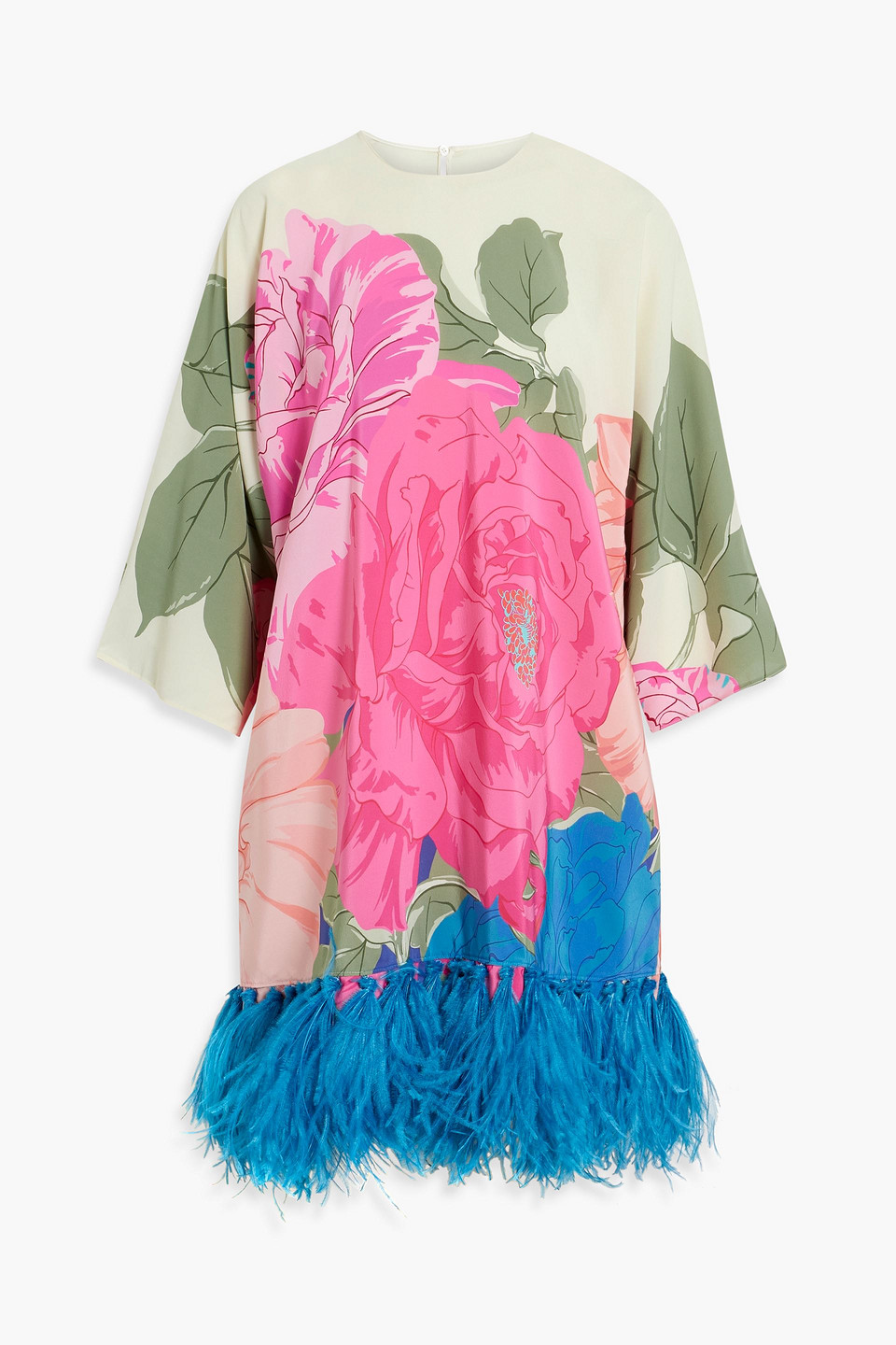 Valentino Feather-embellished Floral-print Silk Crepe De Chine Dress In Pink