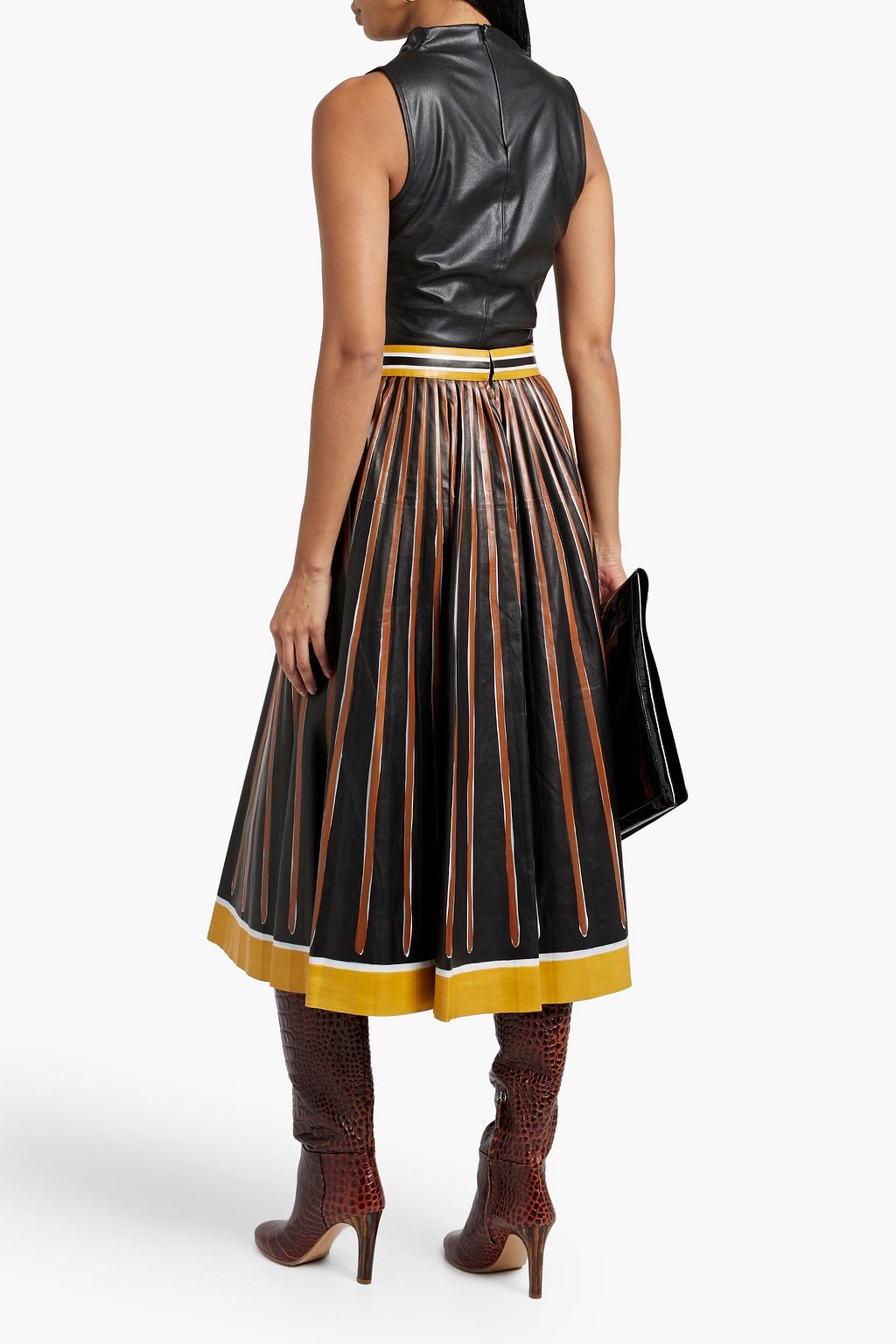 VALENTINO GARAVANI Pleated striped leather midi skirt