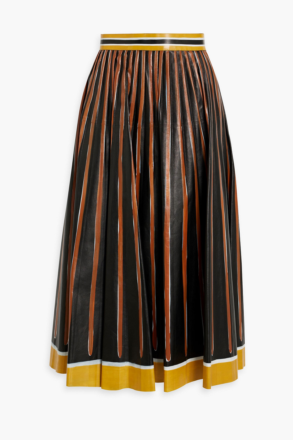 Pleated striped leather midi skirt