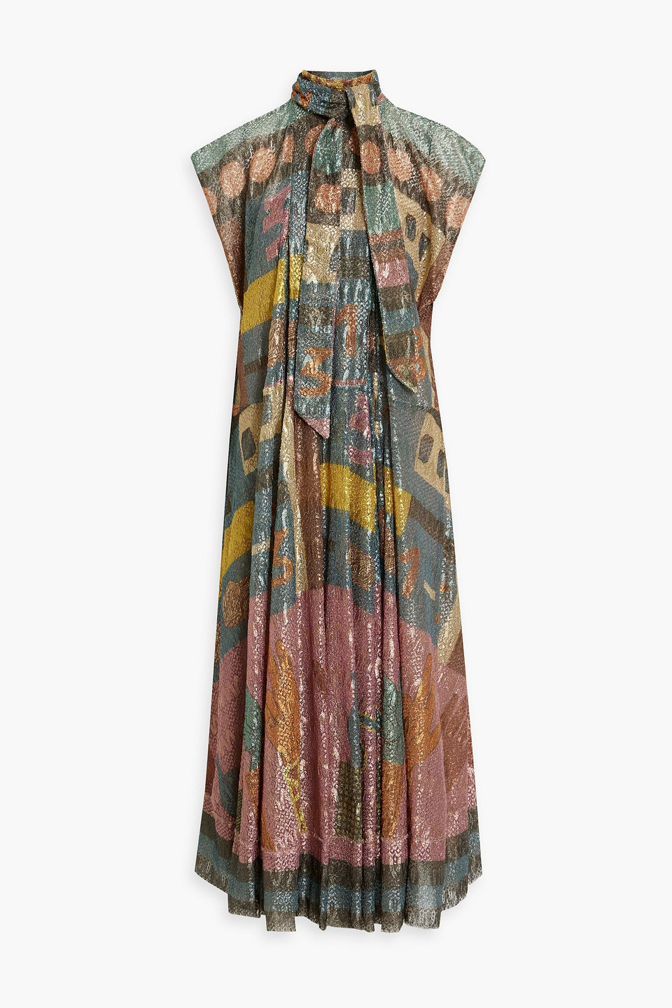 Pleated metallic embroidered tulle maxi dress