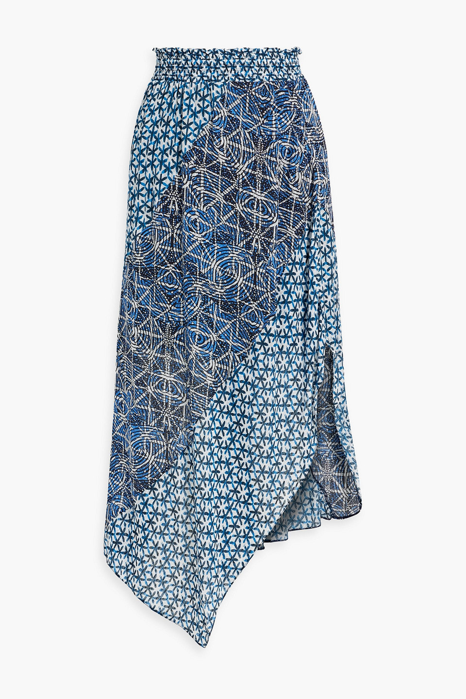 Maje Asymmetric Printed Voile Midi Skirt In Indigo