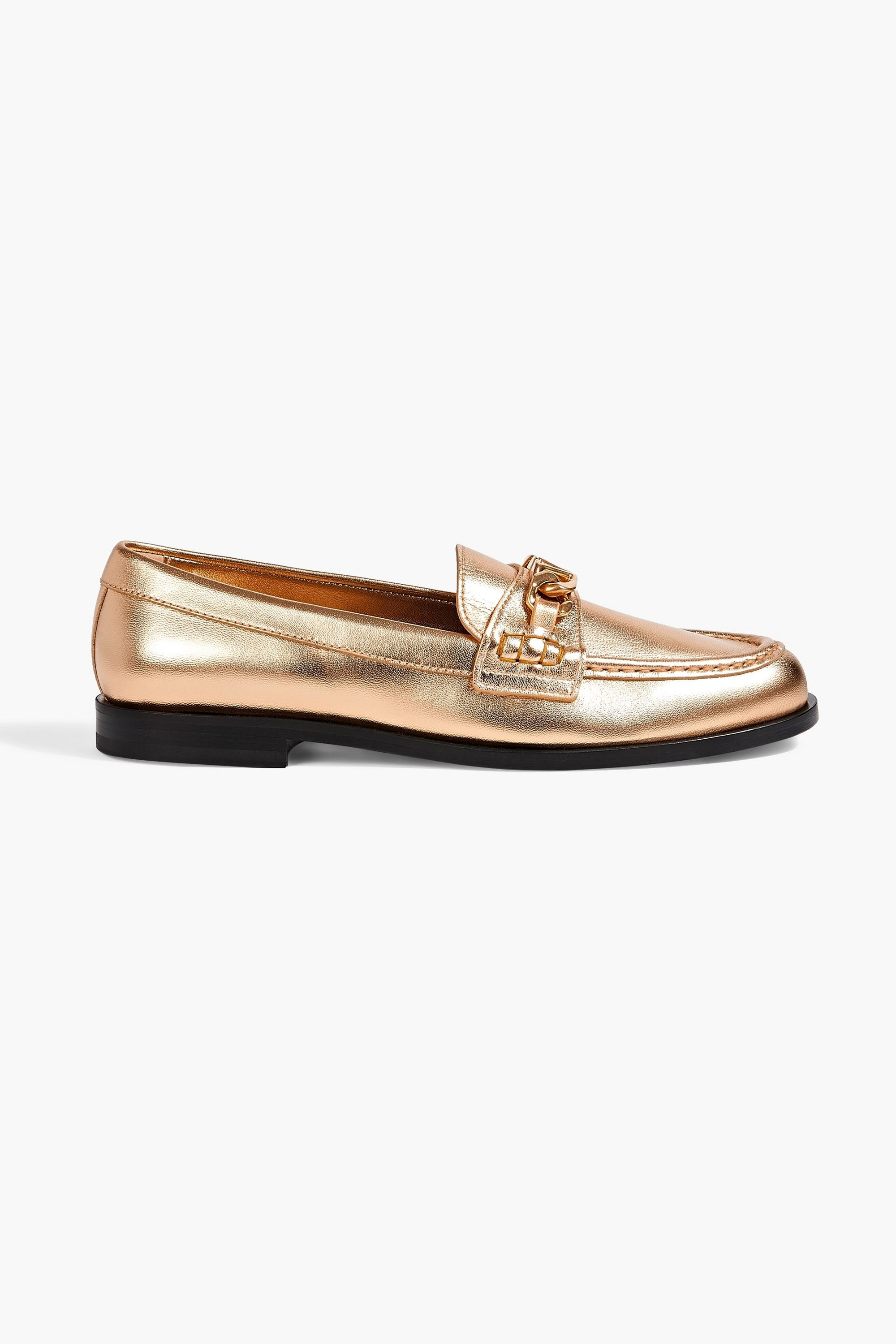Valentino Garavani VLOGO Chain embellished metallic leather loafers
