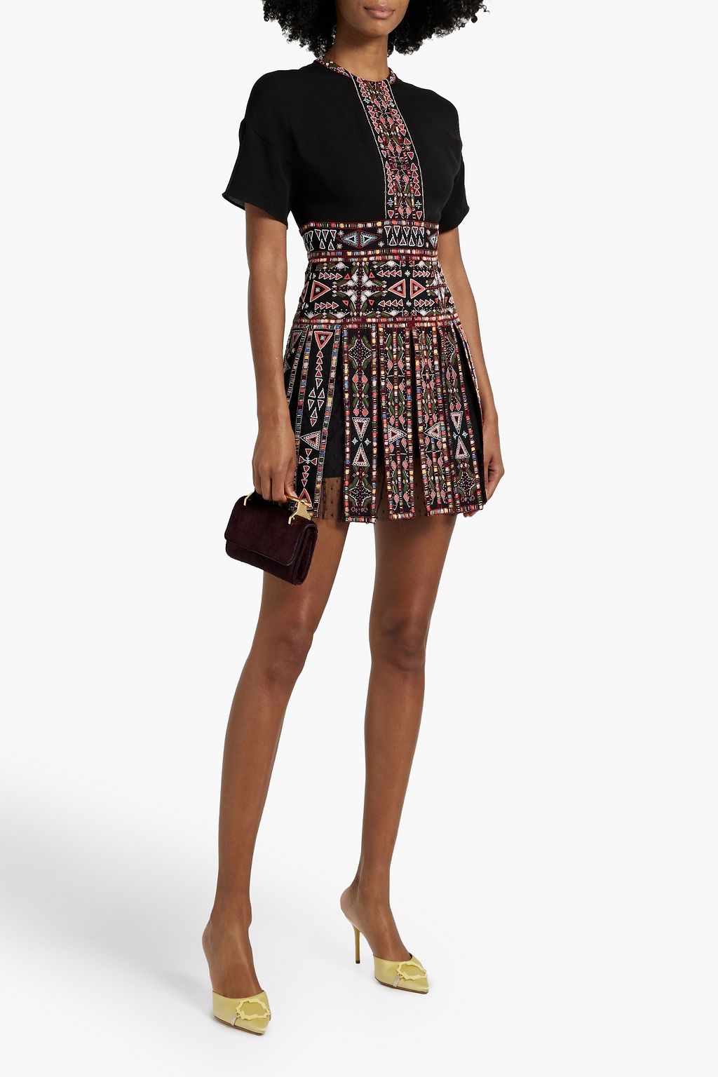 VALENTINO GARAVANI Embellished crepe-paneled silk crepe de chine mini dress