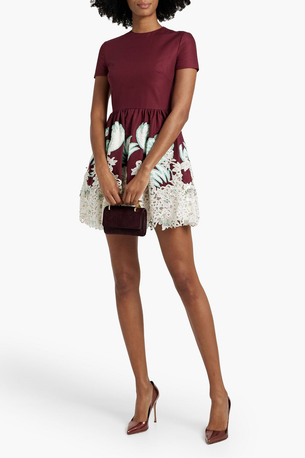 VALENTINO GARAVANI Embellished guipure lace-paneled cotton-poplin mini dress