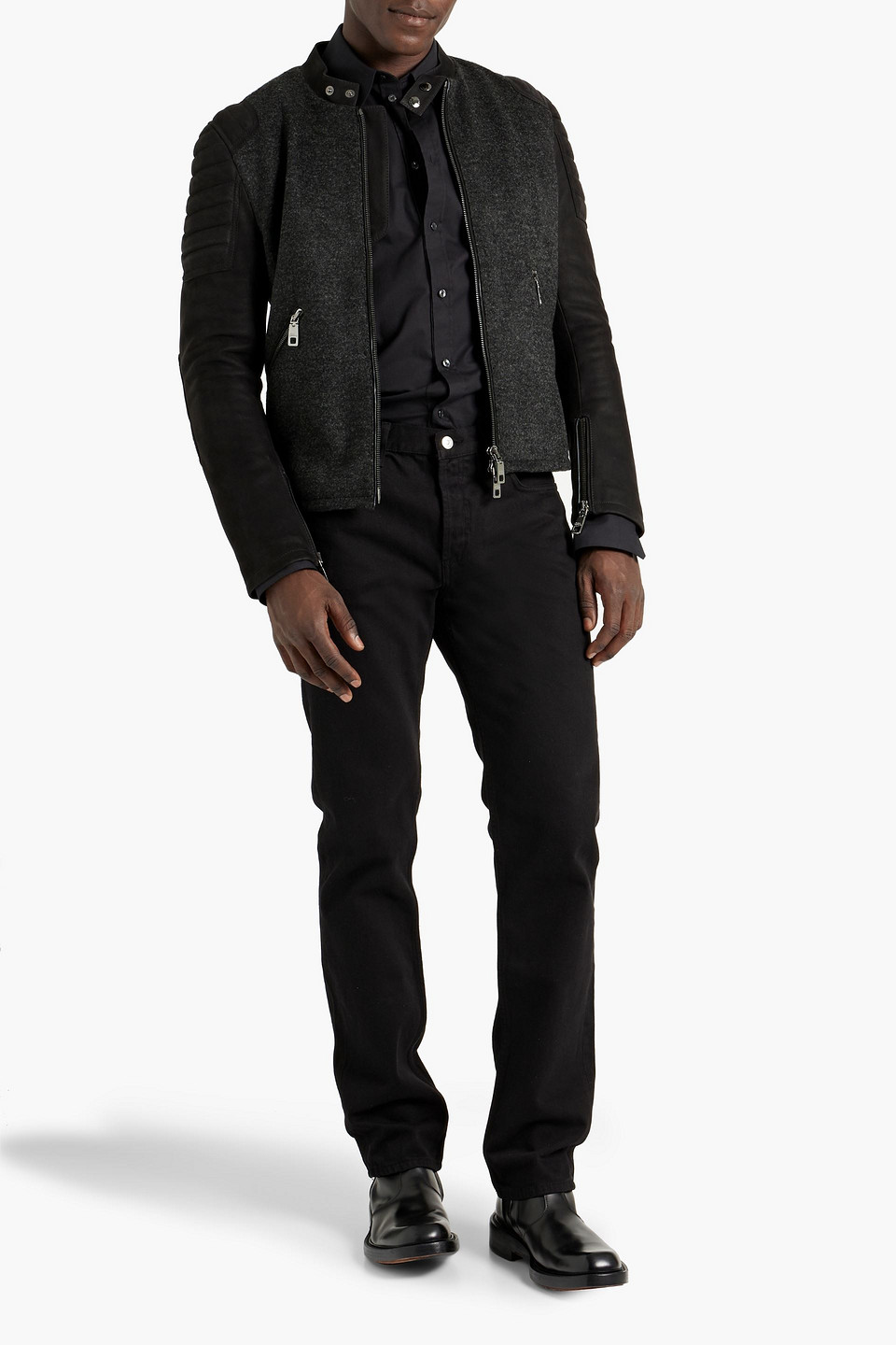 Shop Dolce & Gabbana Leather-paneled Wool-bouclé Jacket In Black