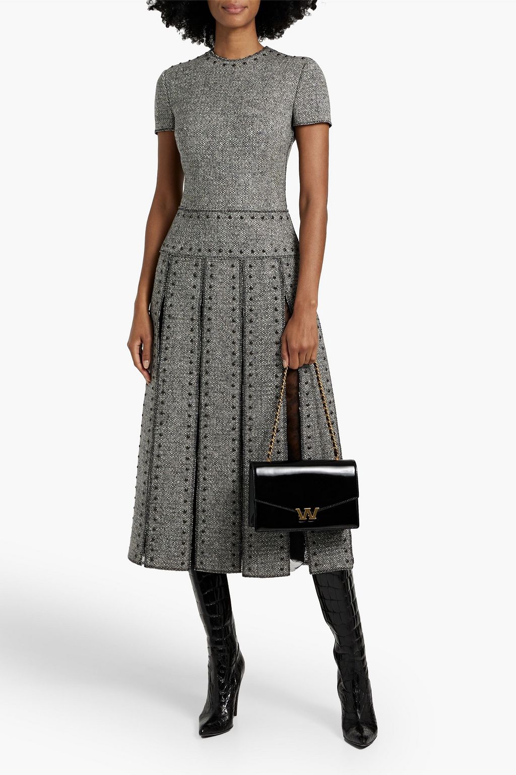 VALENTINO GARAVANI ブークレツイード ミディワンピース スタッズ付き レースパネル