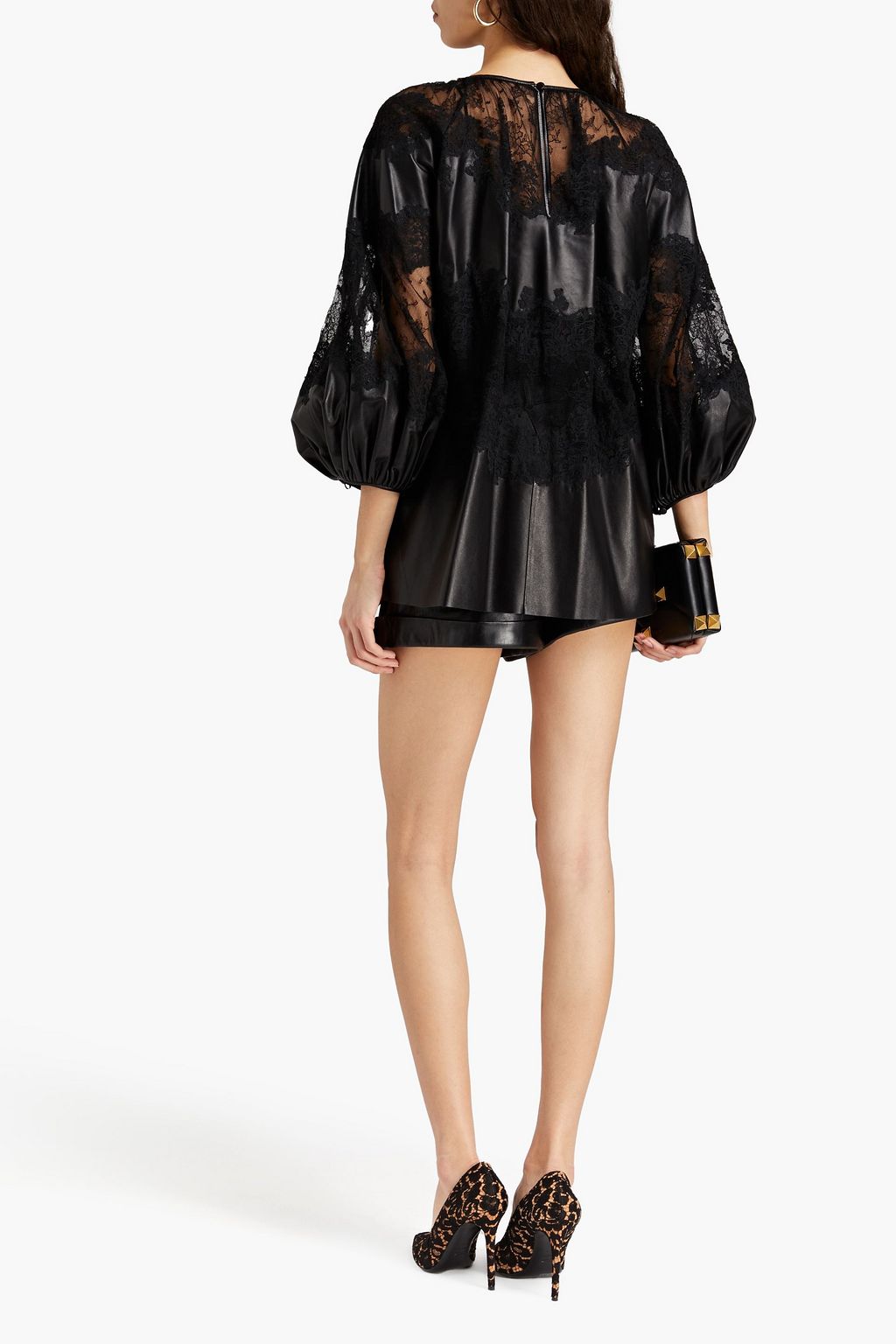VALENTINO GARAVANI Lace-paneled leather blouse
