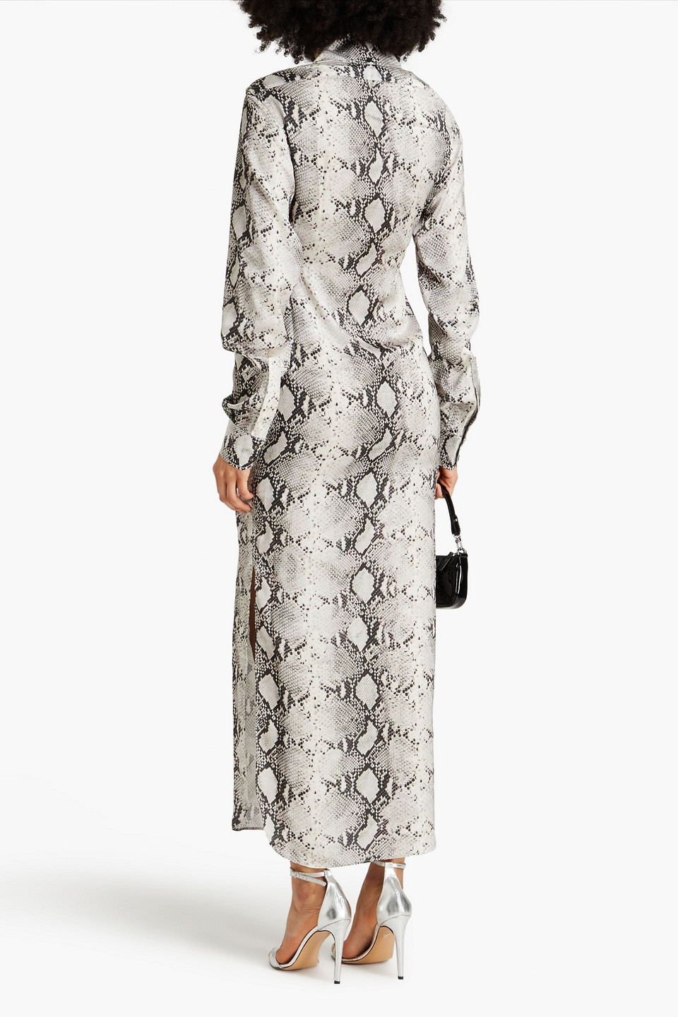 Shop 16arlington Ione Snake-print Satin Maxi Shirt Dress In Light Gray