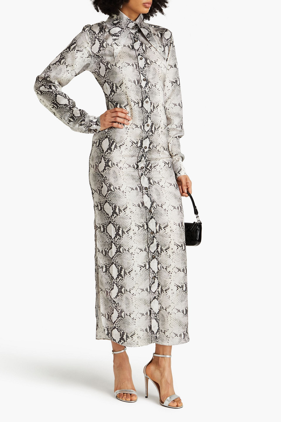 Shop 16arlington Ione Snake-print Satin Maxi Shirt Dress In Light Gray