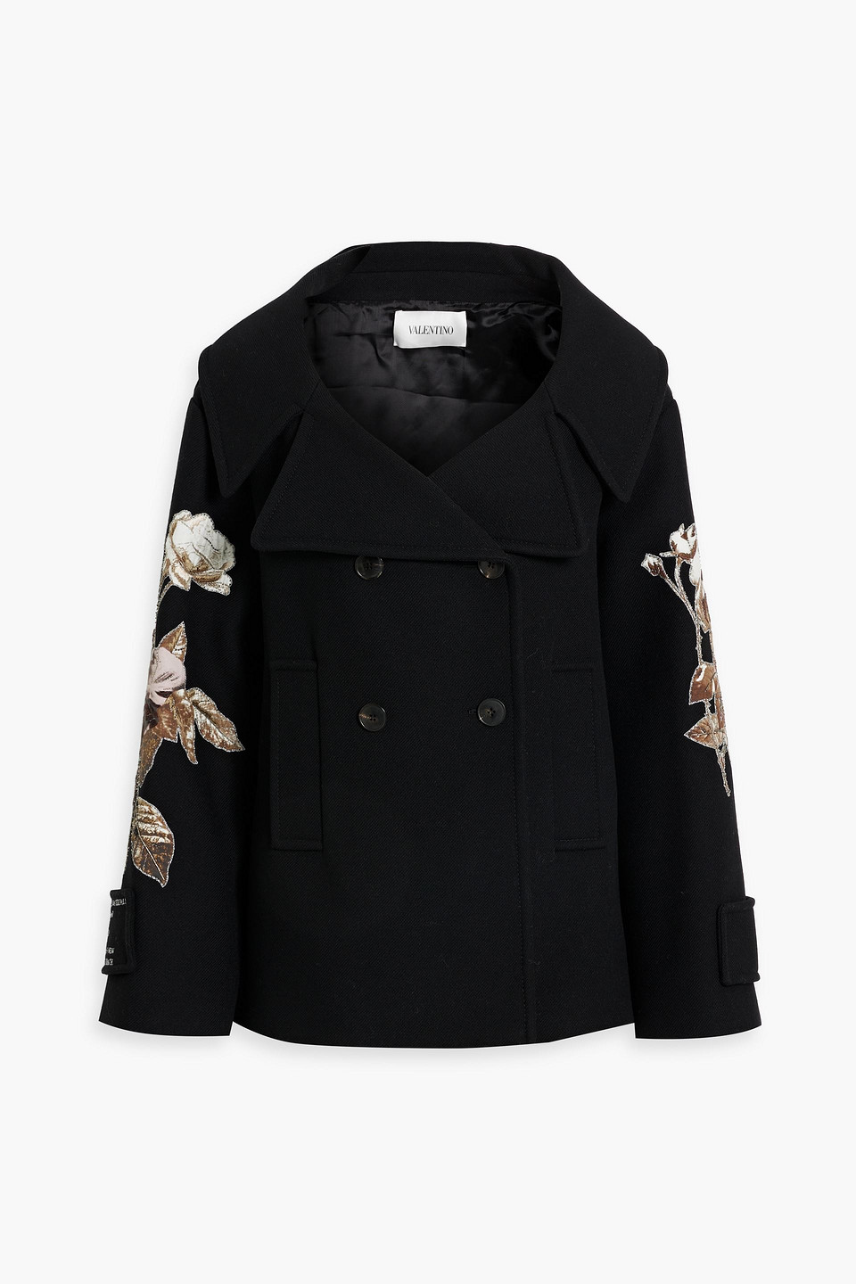 Valentino Floral Embroidered Double Breasted Wool Peacoat In Black