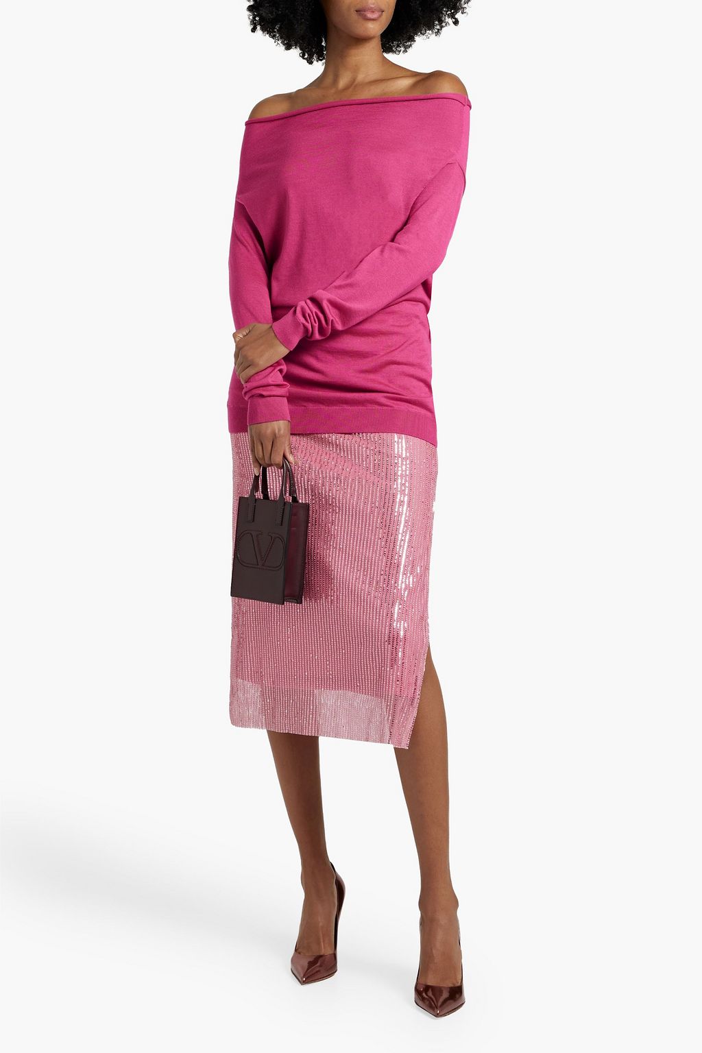 VALENTINO GARAVANI Off-the-shoulder draped wool and cashmere-blend top