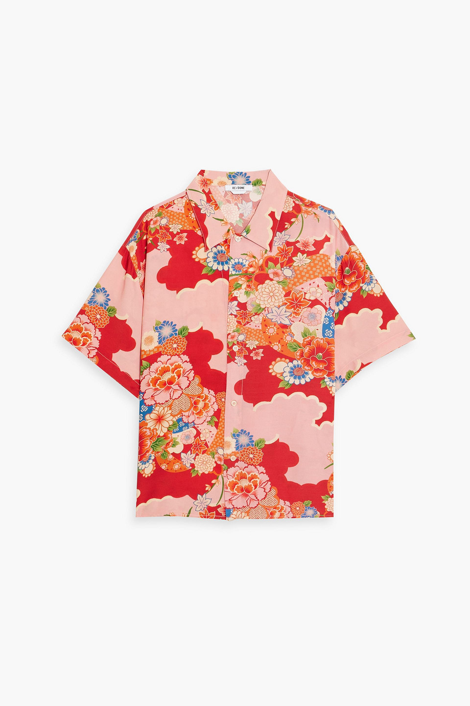 Re/done Aloha Floral-print Satin-crepe Shirt In Coral