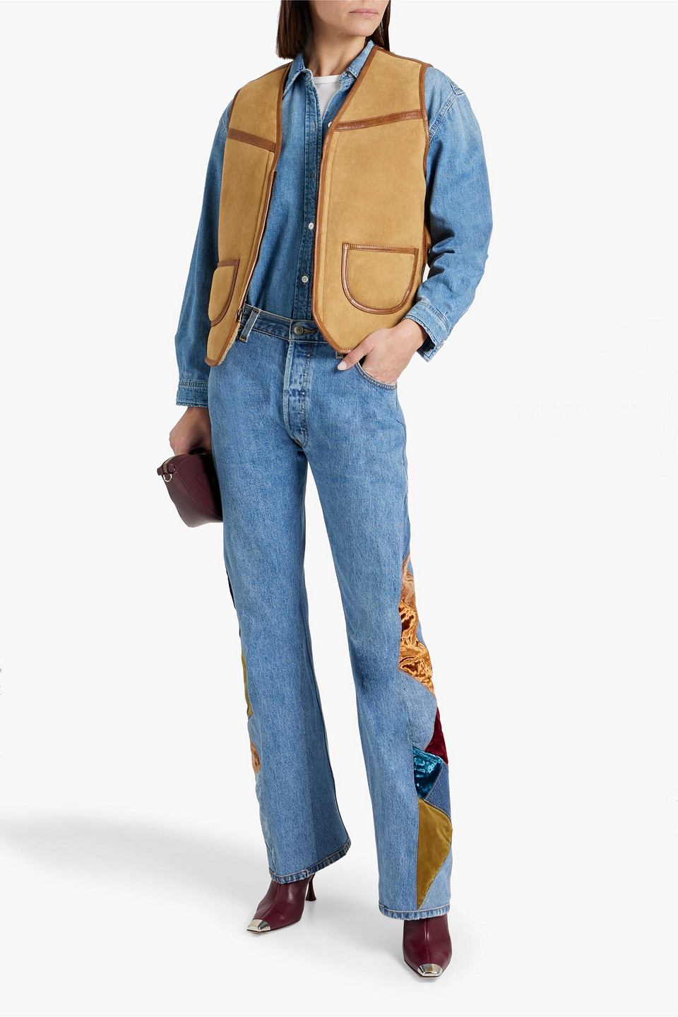 Shop Re/done With Levi's 70s Patchwork High-rise Bootcut Jeans In Mid Denim