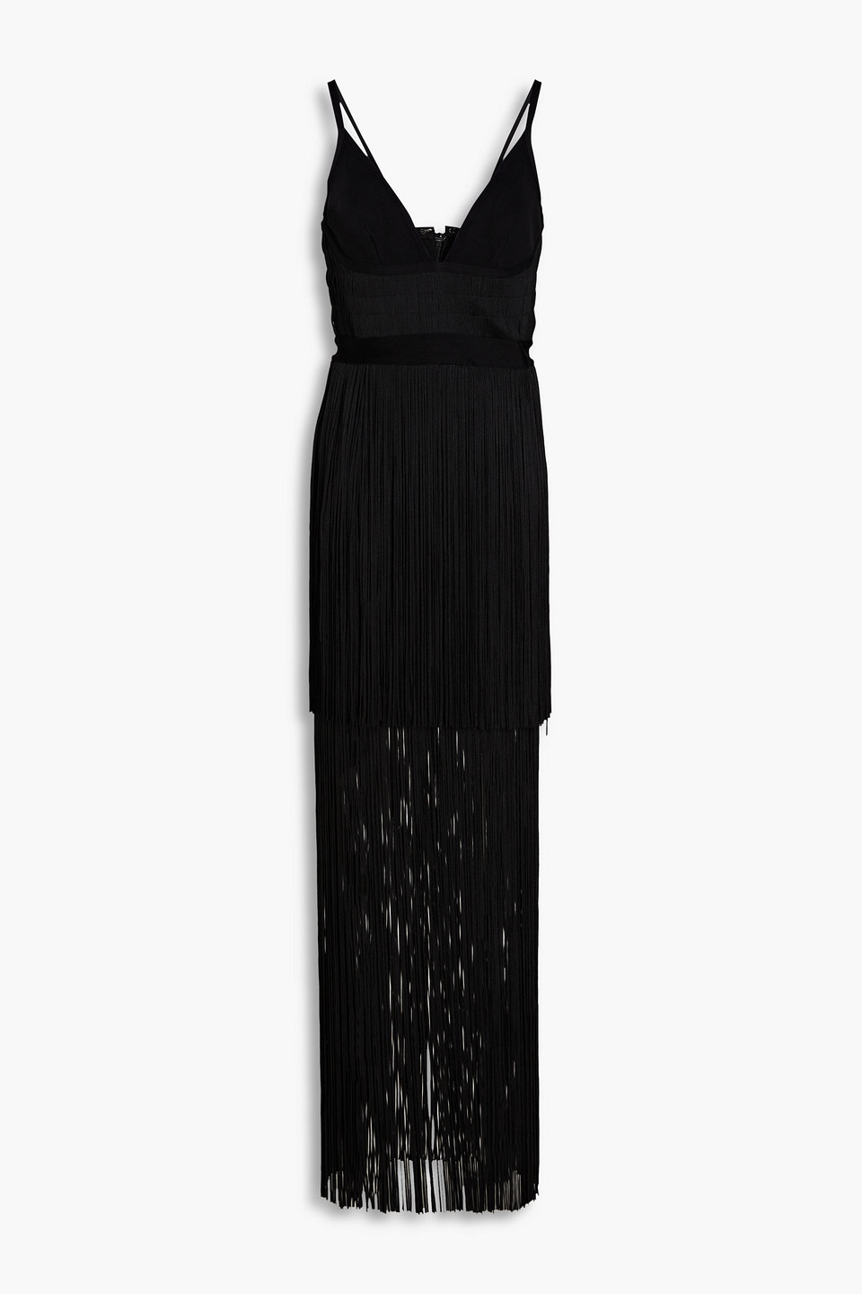 Herve Leger Fringed Stretch-knit Maxi Dress In Black