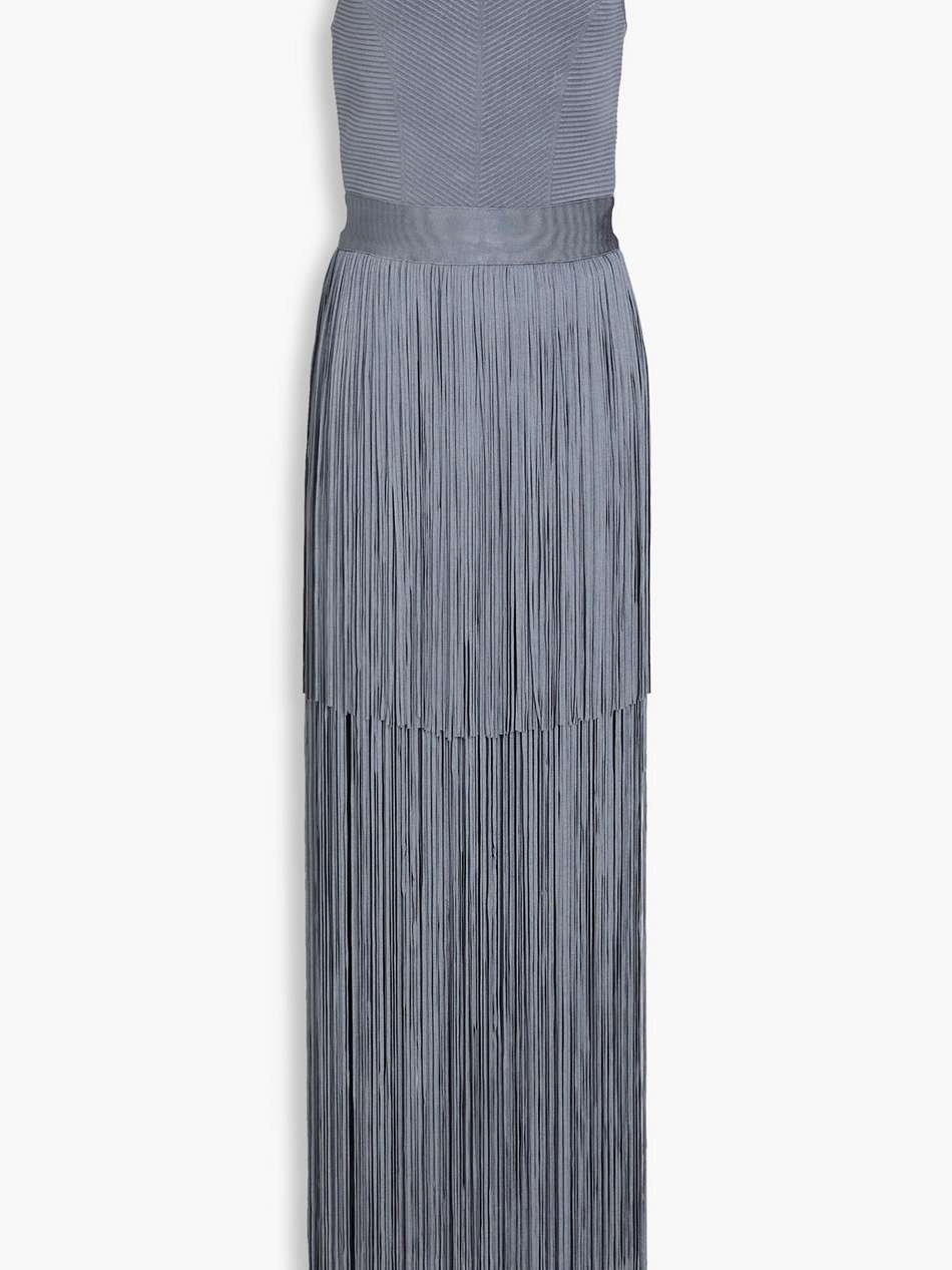 fringed ribbed stretch-knit gown