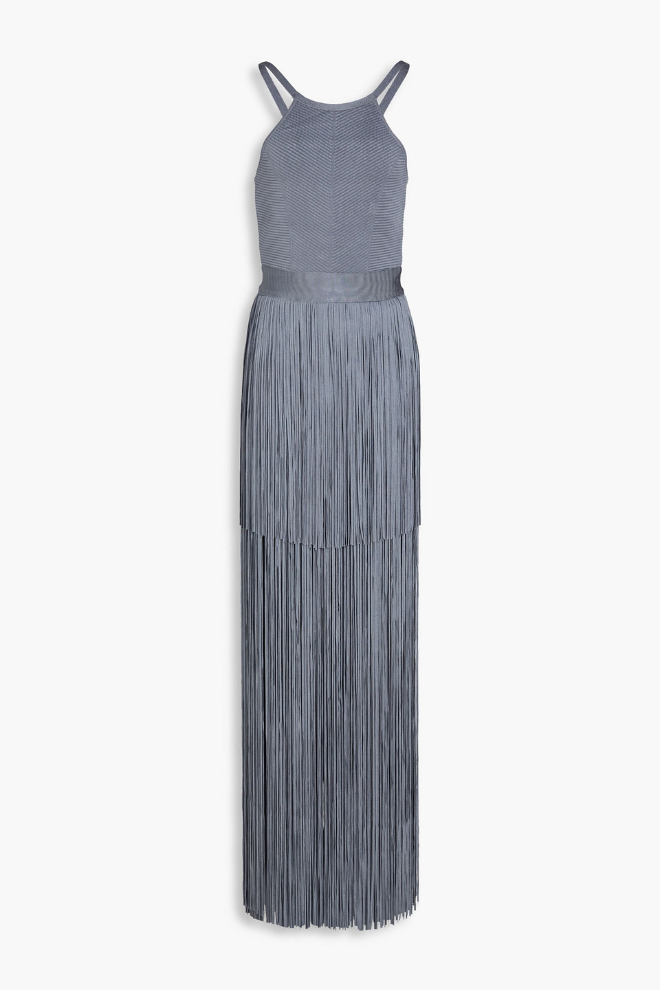 Hervé Léger Fringed ribbed stretch-knit gown