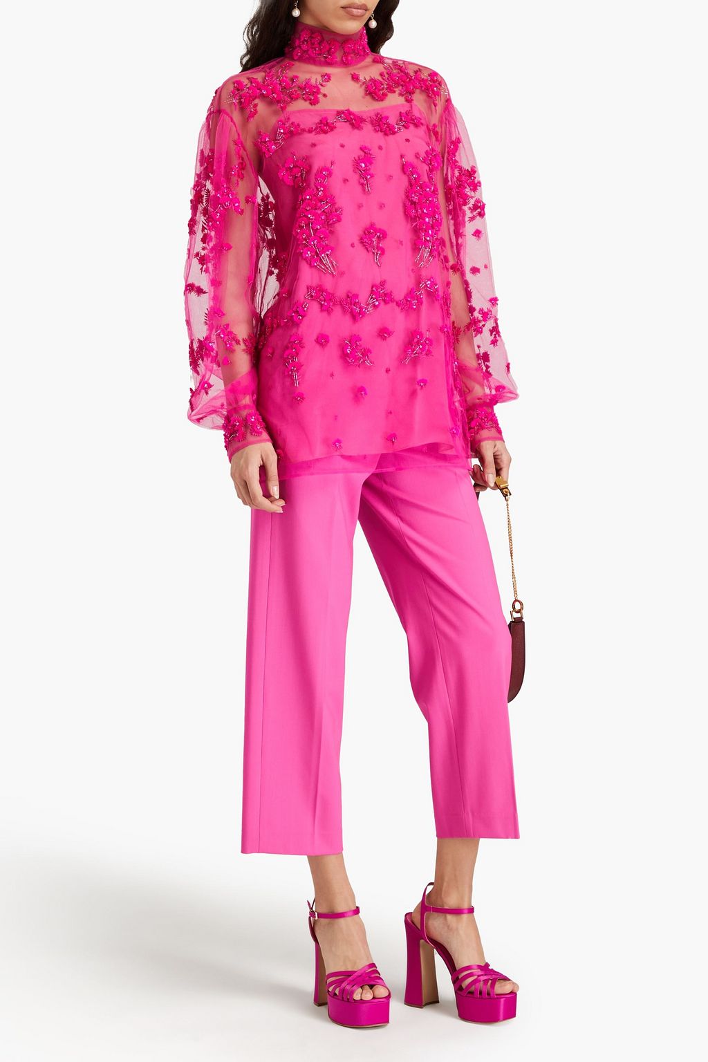 VALENTINO GARAVANI Embellished tulle turtleneck blouse