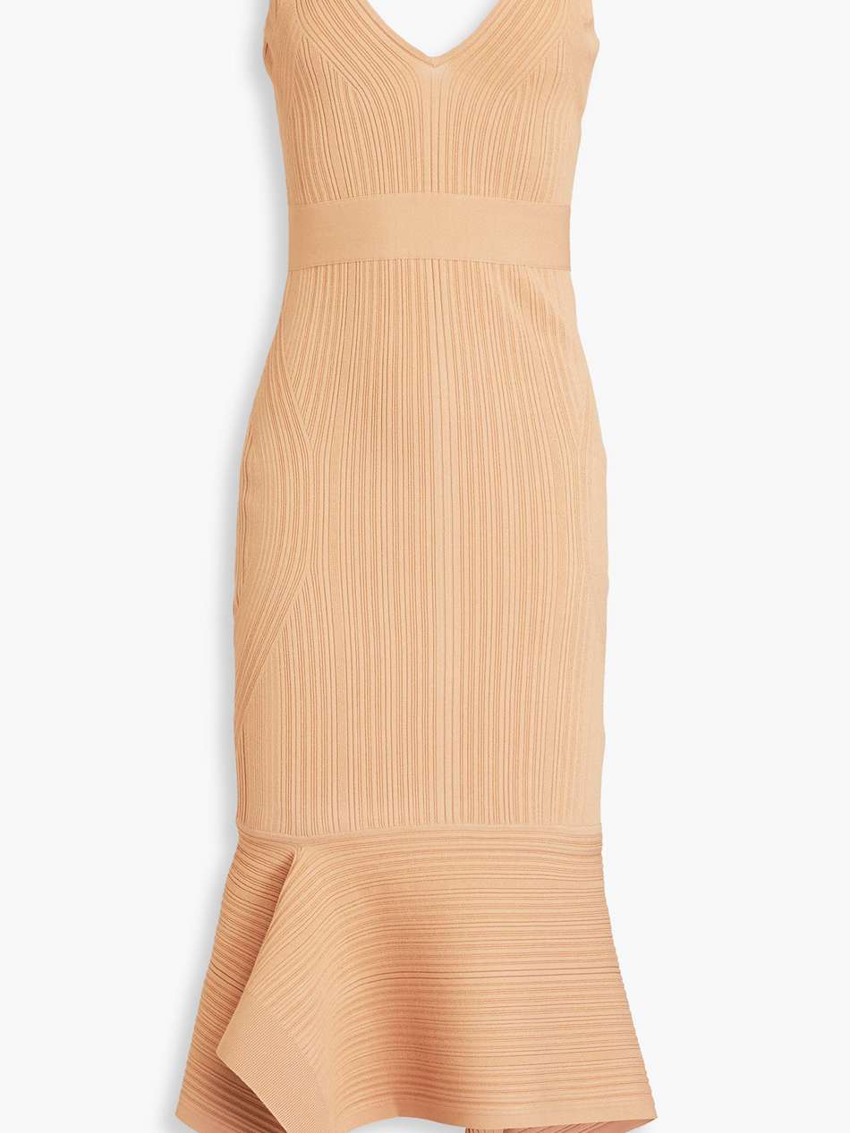 asymmetric ribbed-knit midi dress