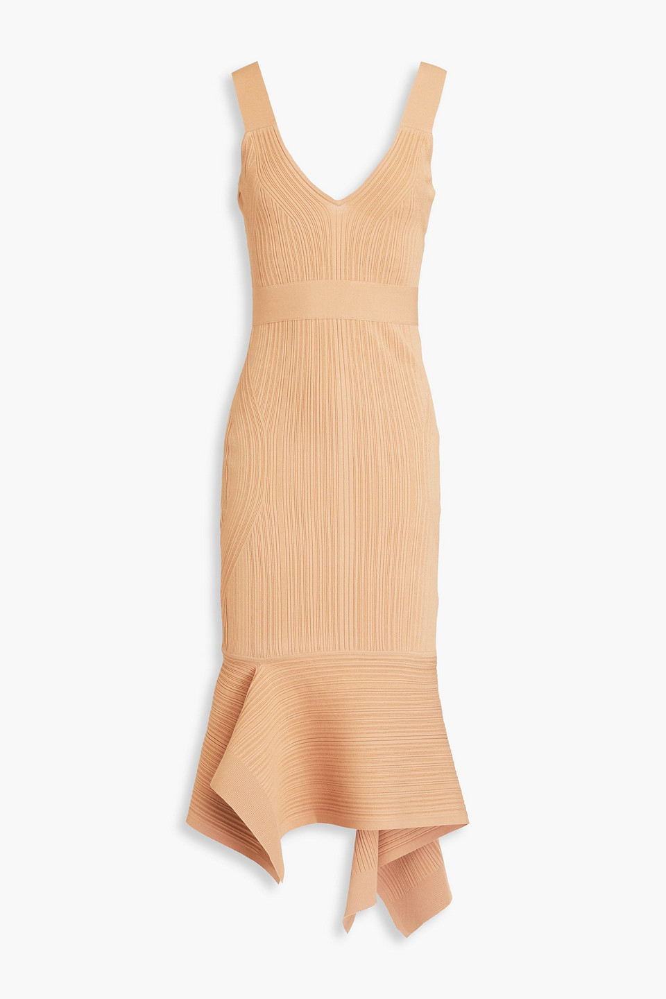 Herve Leger Asymmetric Ribbed-knit Midi Dress In Sand