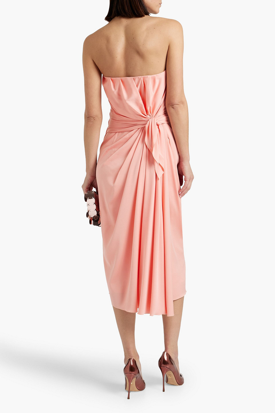 Shop Dolce & Gabbana Strapless Draped Stretch-silk Midi Dress In Baby Pink