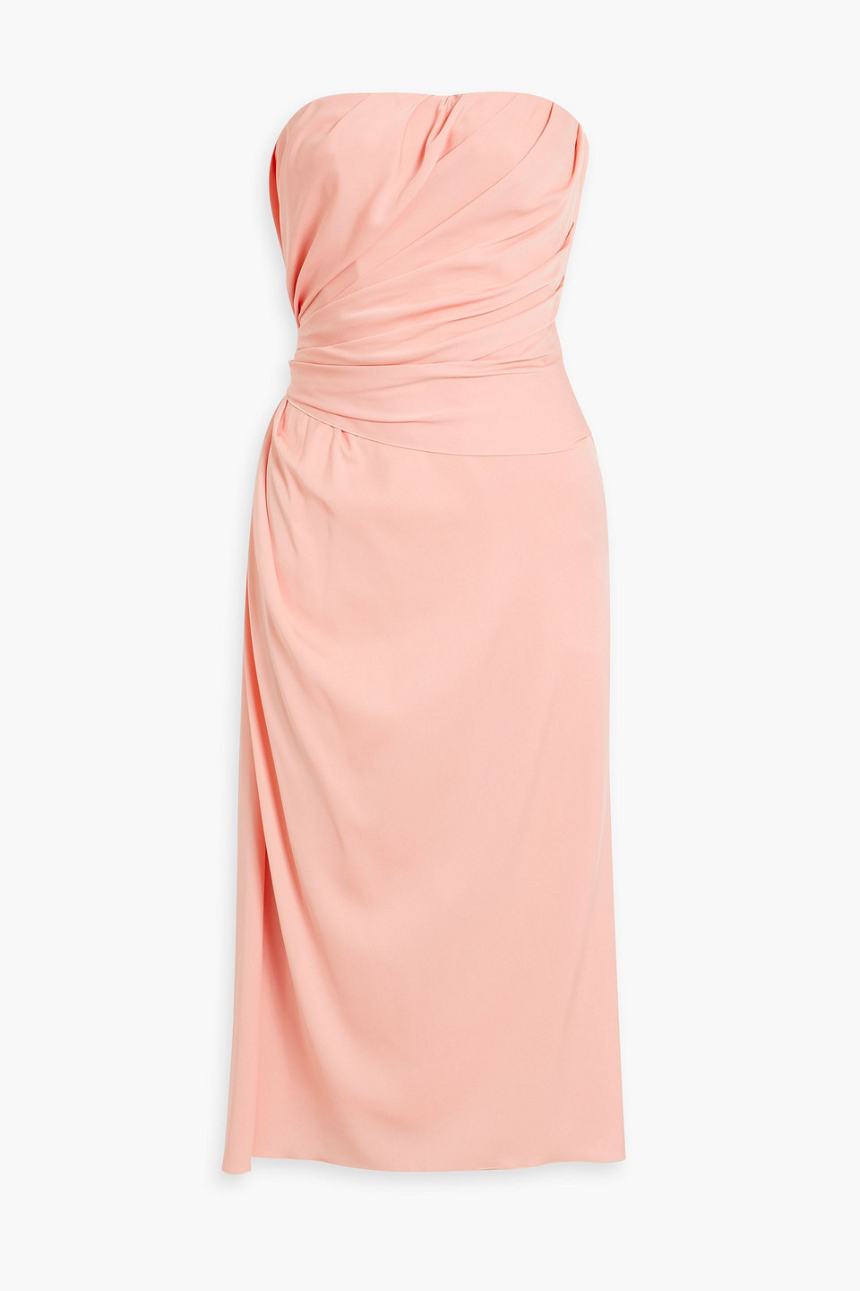 Shop Dolce & Gabbana Strapless Draped Stretch-silk Midi Dress In Baby Pink